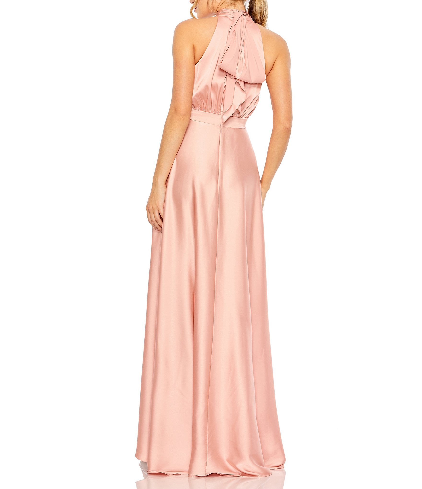 Mac Duggal Halter Neckline Hilo Hem Satin Charmeuse Ballgown