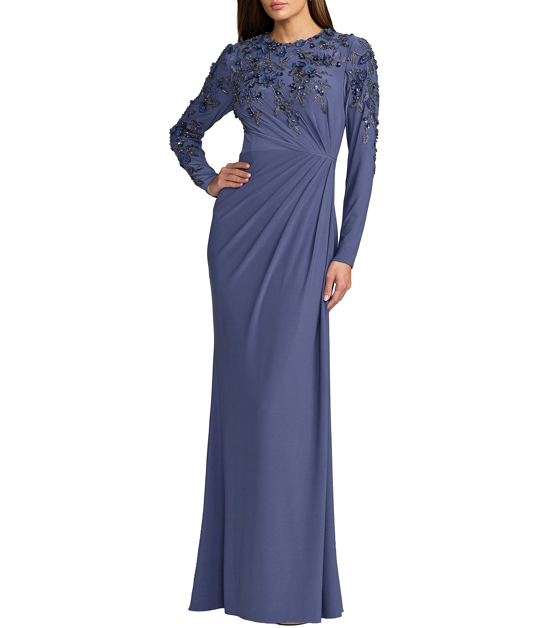 Mac Duggal High Neck Long Sleeve Beaded Jersey Gown