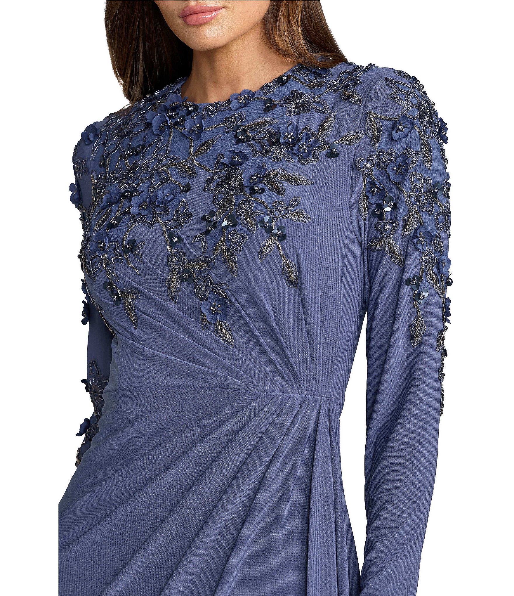 Mac Duggal High Neck Long Sleeve Beaded Jersey Gown