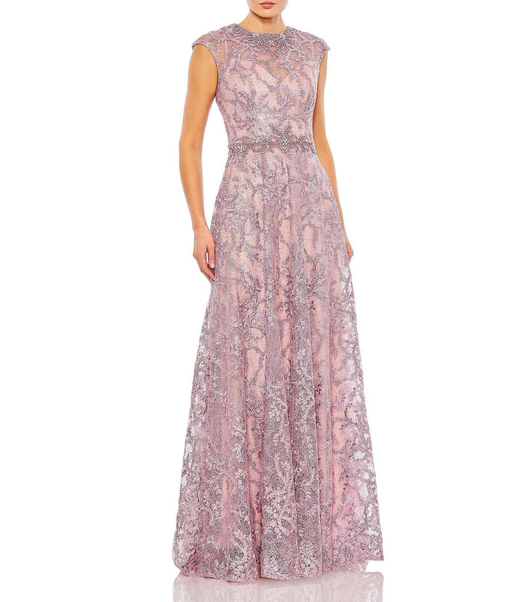 Mac Duggal Illusion Round Neck Cap Sleeve Embroidered Mesh A-Line Gown