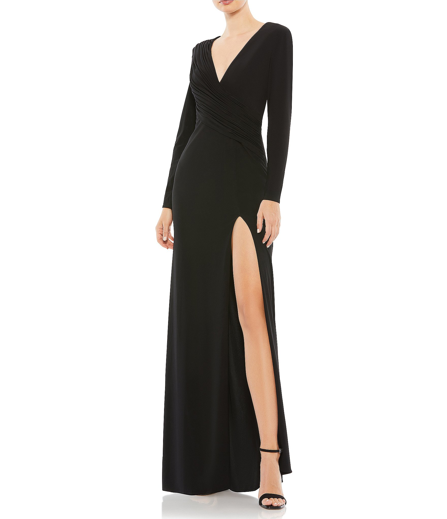 Mac Duggal Jersey Asymmetrical Ruched V Neck Long Sleeve Thigh High Slit Sheath Gown Dillards 