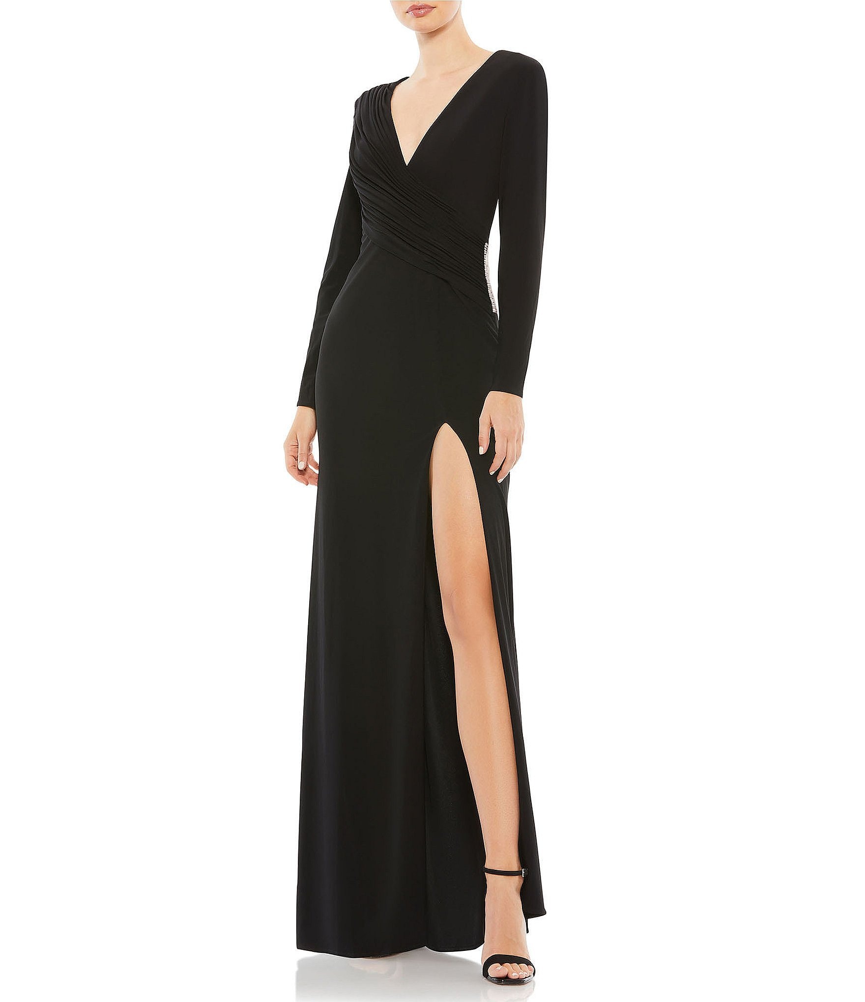 Mac duggal plunge neck slit best sale jersey gown