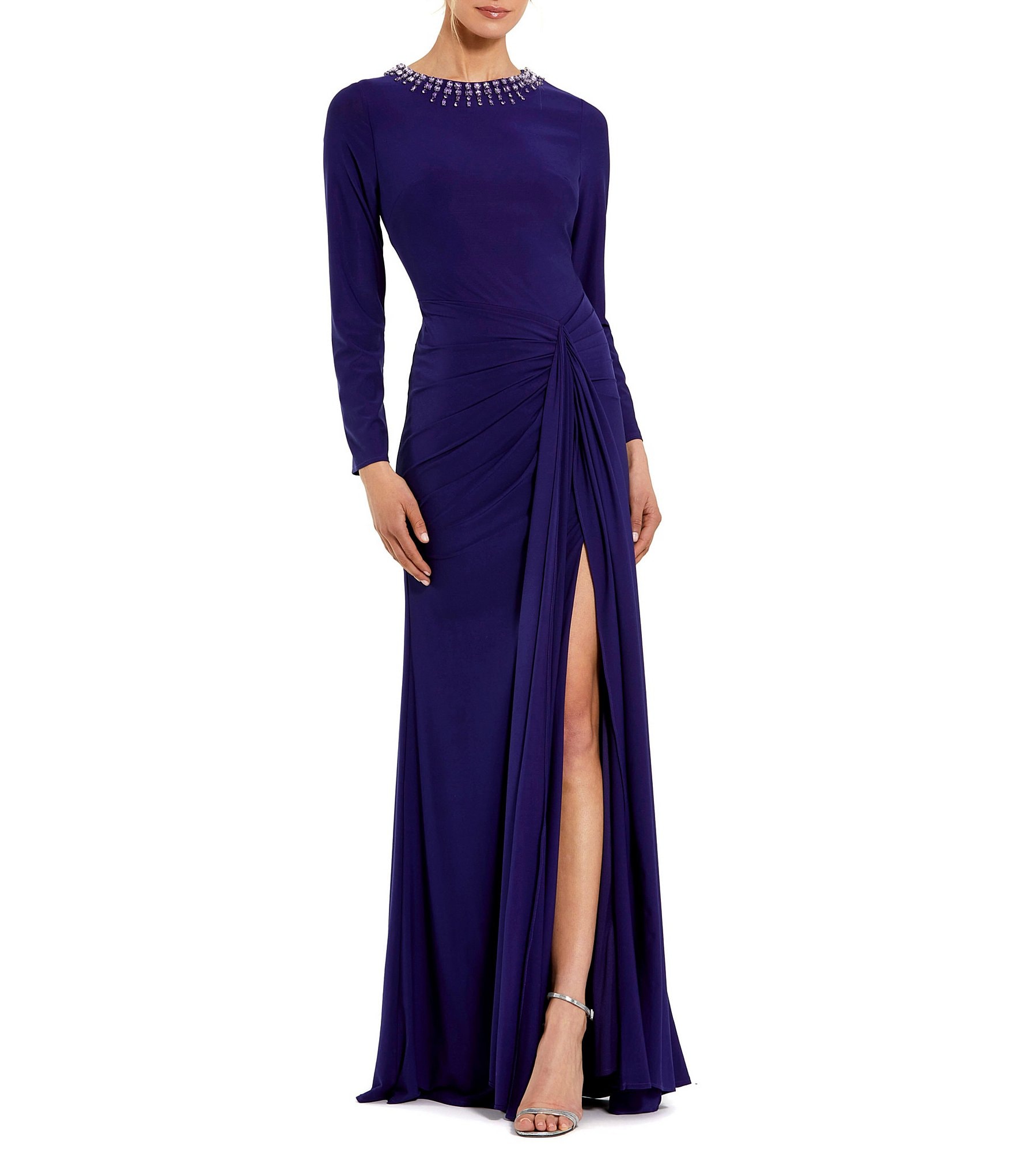 Mac Duggal Jersey Beaded Round Neck Long Sleeveless Gathered Sash Slit