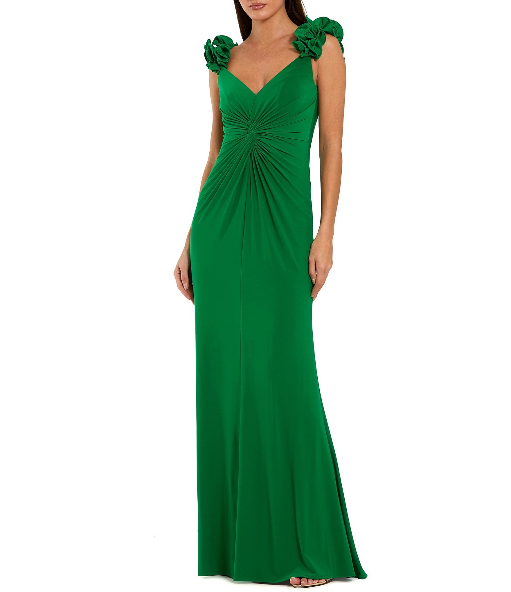 Abito Lungo Verde Oliva Mac Duggal Ieena - Manica Lunga, Paillettes, Finto Avvolgente, Spacco, Taglia 12