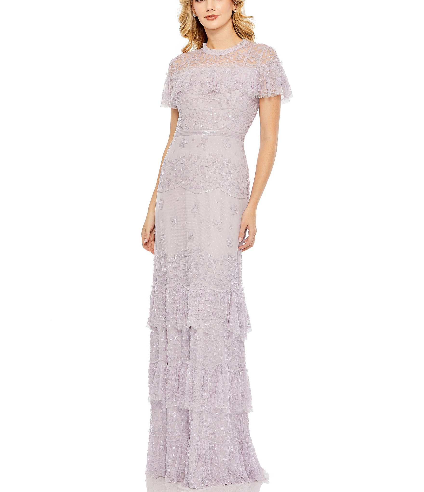 Mac Duggal Jewel Neck Short Sleeve Tiered Ruffled Gown | Dillard's
