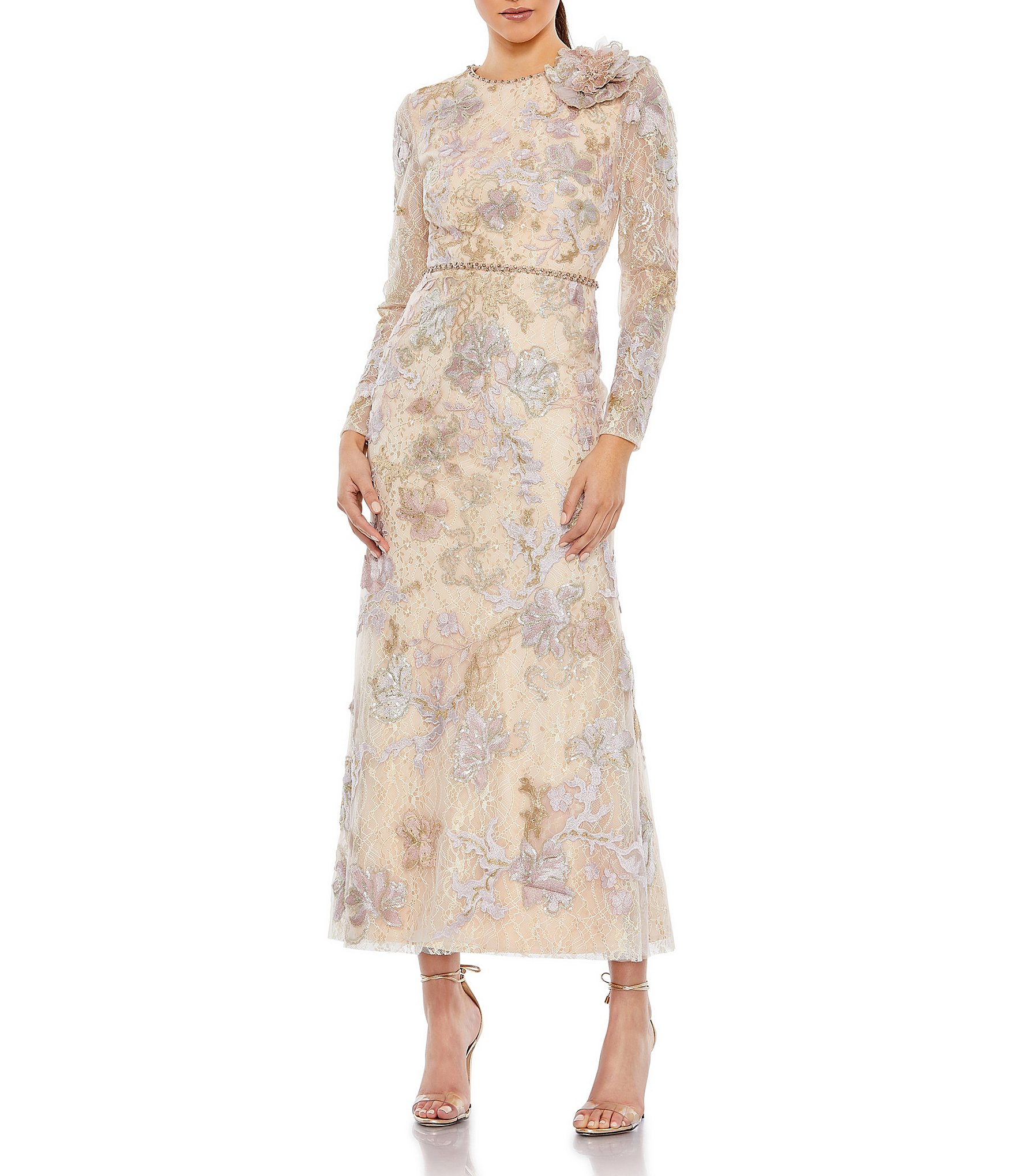 Mac Duggal Lace Floral Print Long Sleeve Crew Neck Sheath Dress | Dillard's