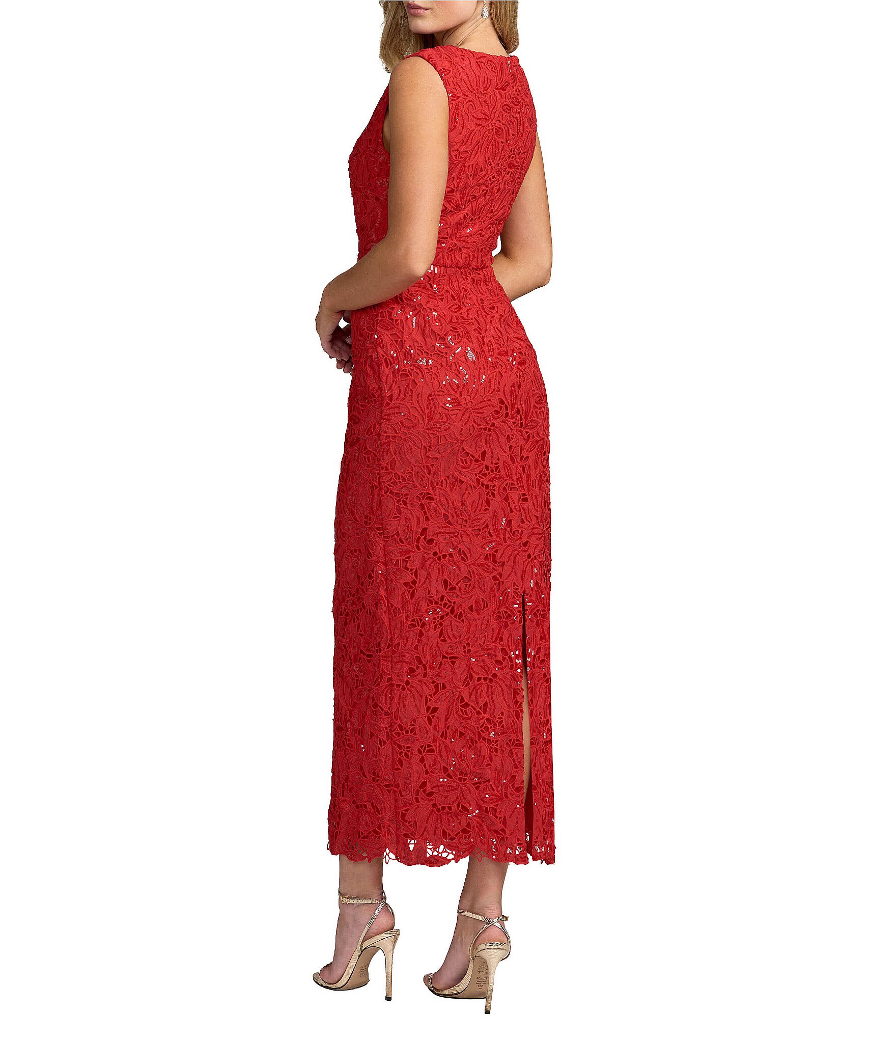 Mac Duggal Lace Leather Sleeveless High Neck Ankle Dress