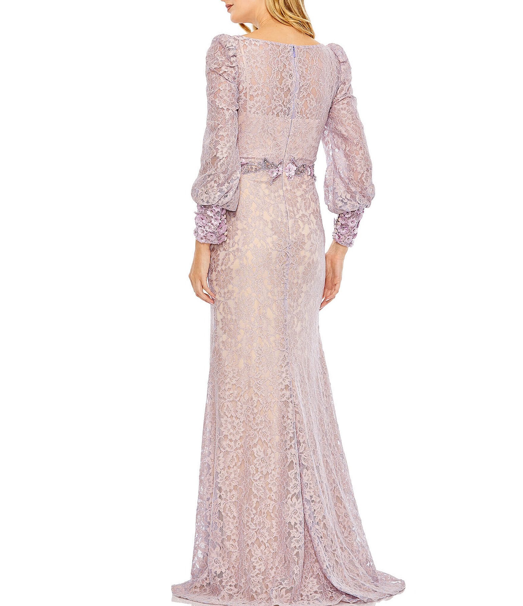 Mac Duggal Lace Overlay Jewel Encrusted Floral Surplice V-Neck Balloon Sleeve Column Mermaid Gown