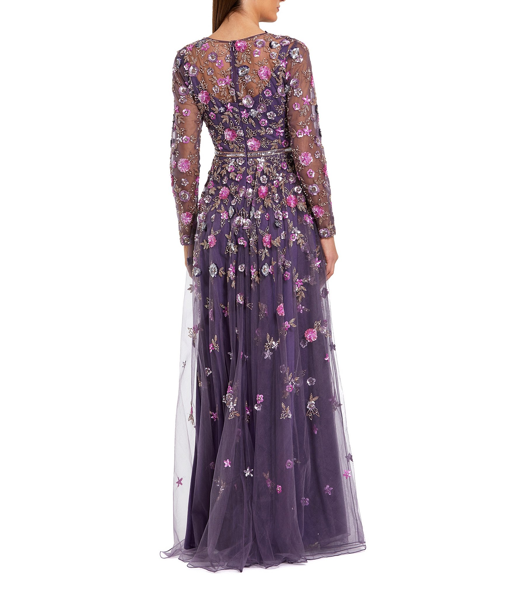 Mac Duggal Floral Beaded Mesh Long Illusion Sleeve A Line Gown