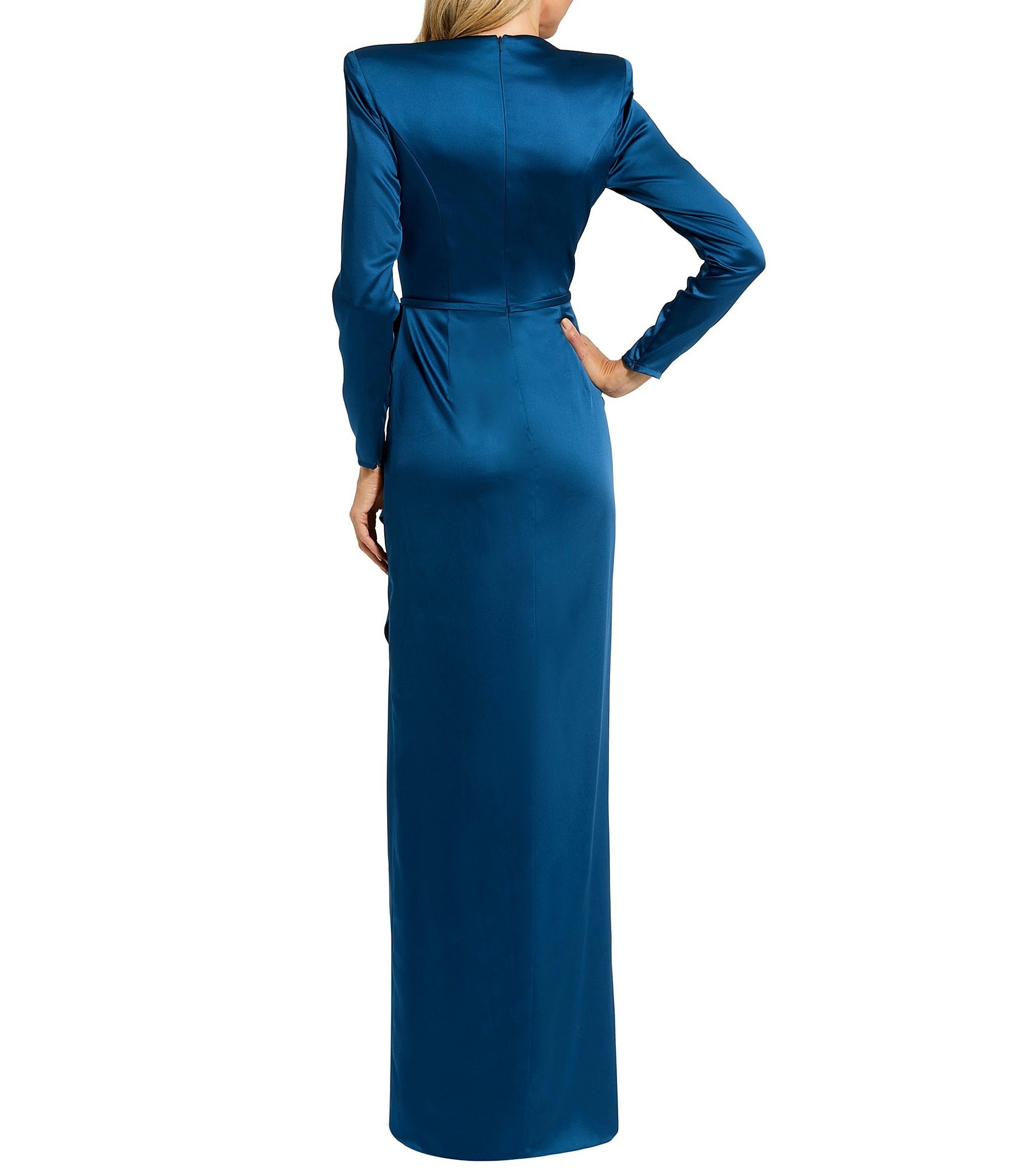 Mac Duggal Long Sleeve Crew Neck Ruched Waist Draped Bow Thigh High Slit Satin A-Line Gown