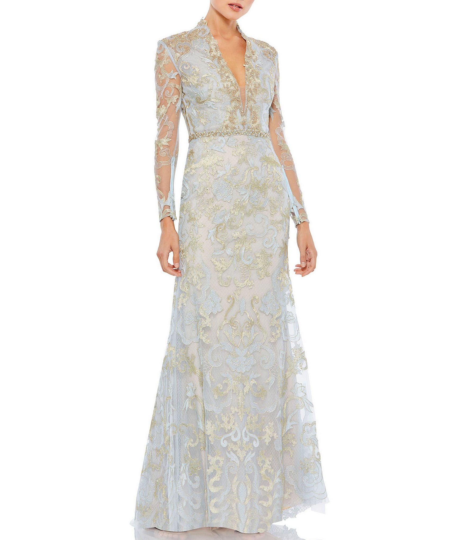 Mac Duggal Sheer Long Sleeve Deep V-Neck Applique A-Line Gown | Dillard's