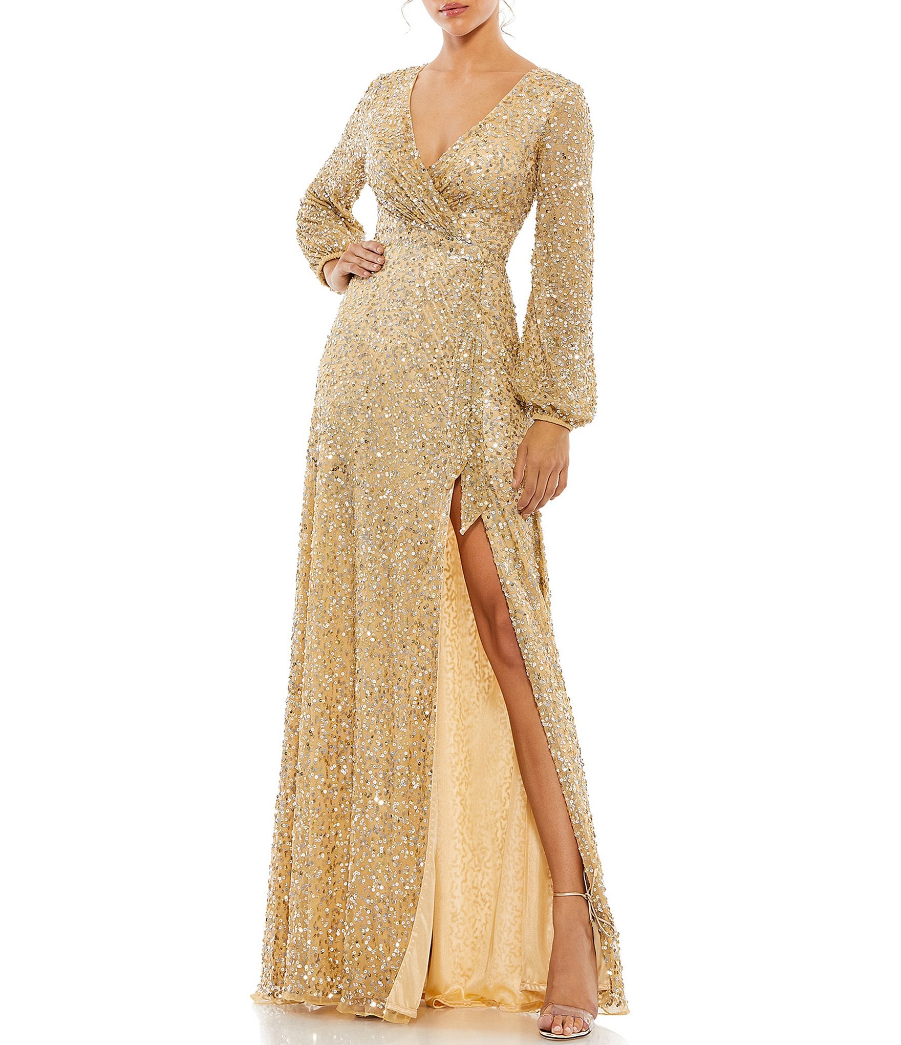 gold sequin ball gown,long gold gown,long sleeve gold midi dress,long sleeve choker neck dress,elegant champagne formal dresses,champagne colored long dress,long golden dress,gold gown,