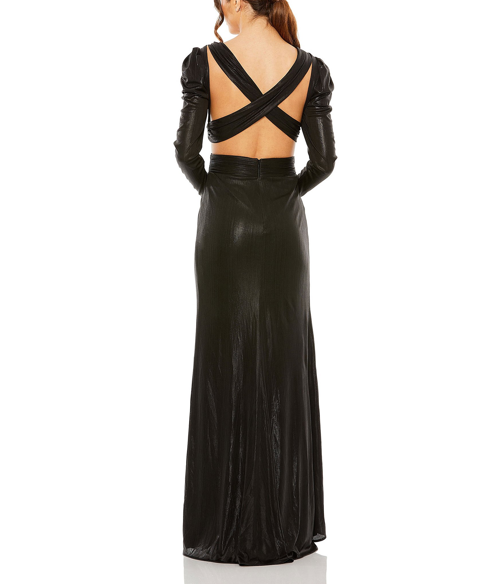 Mac Duggal Long Sleeve V-Neck Cut Out Metallic Gown