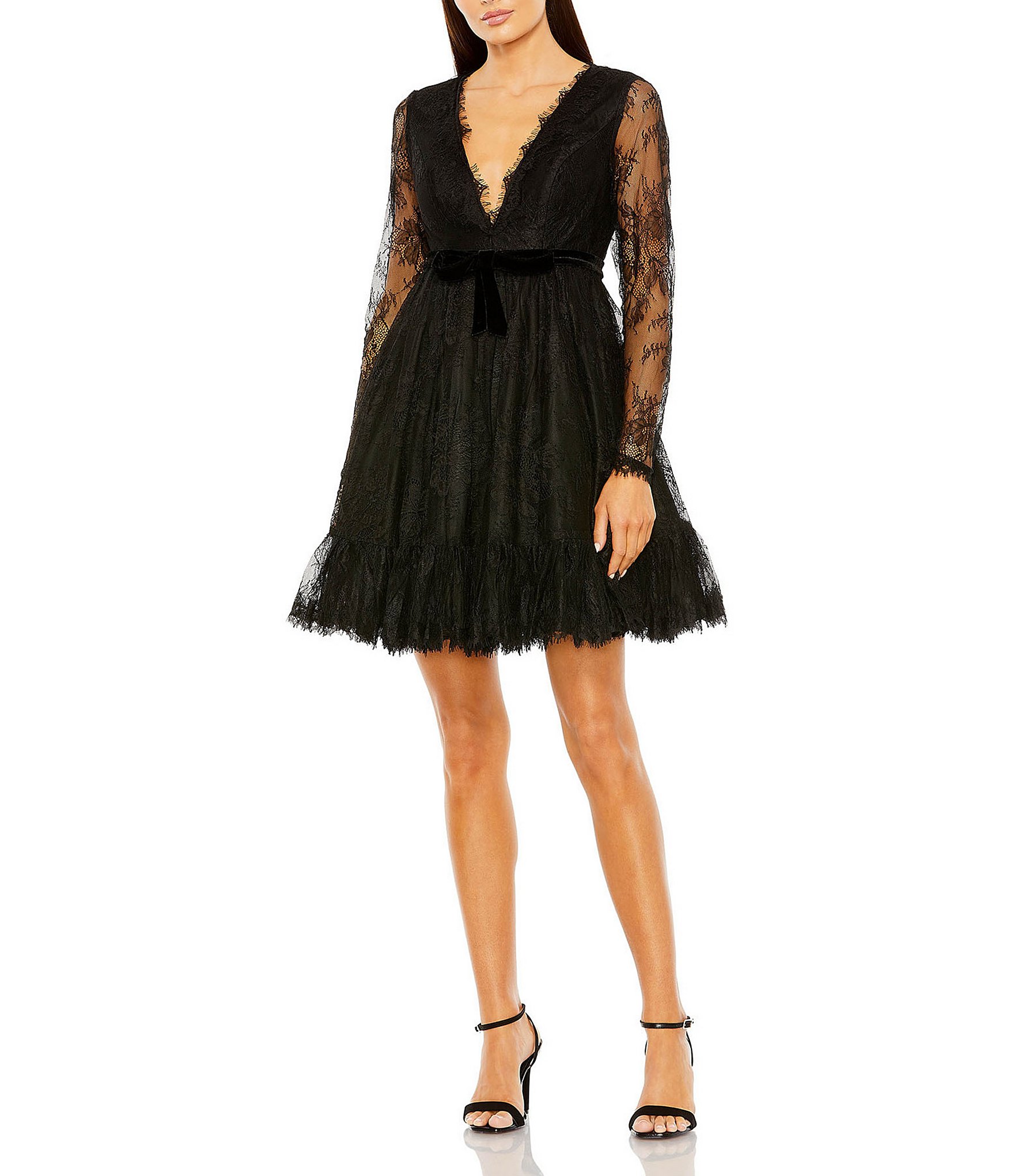 Mac Duggal Long Sleeve V-Neck Lace A-Line Dress | Dillard's