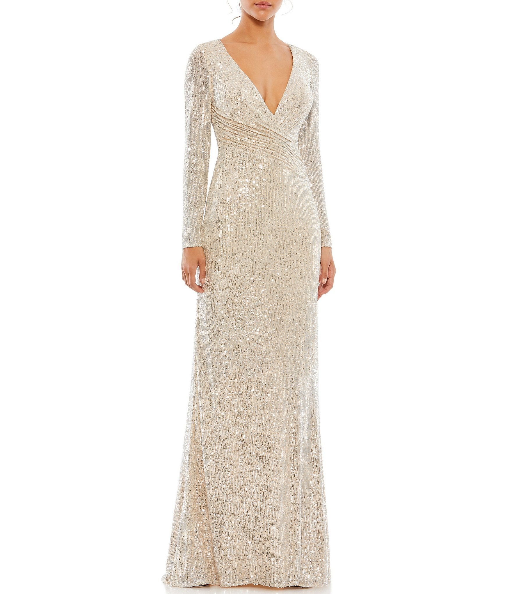 Mac Duggal Long Sleeve V-Neck Sequin Faux Wrap Gown