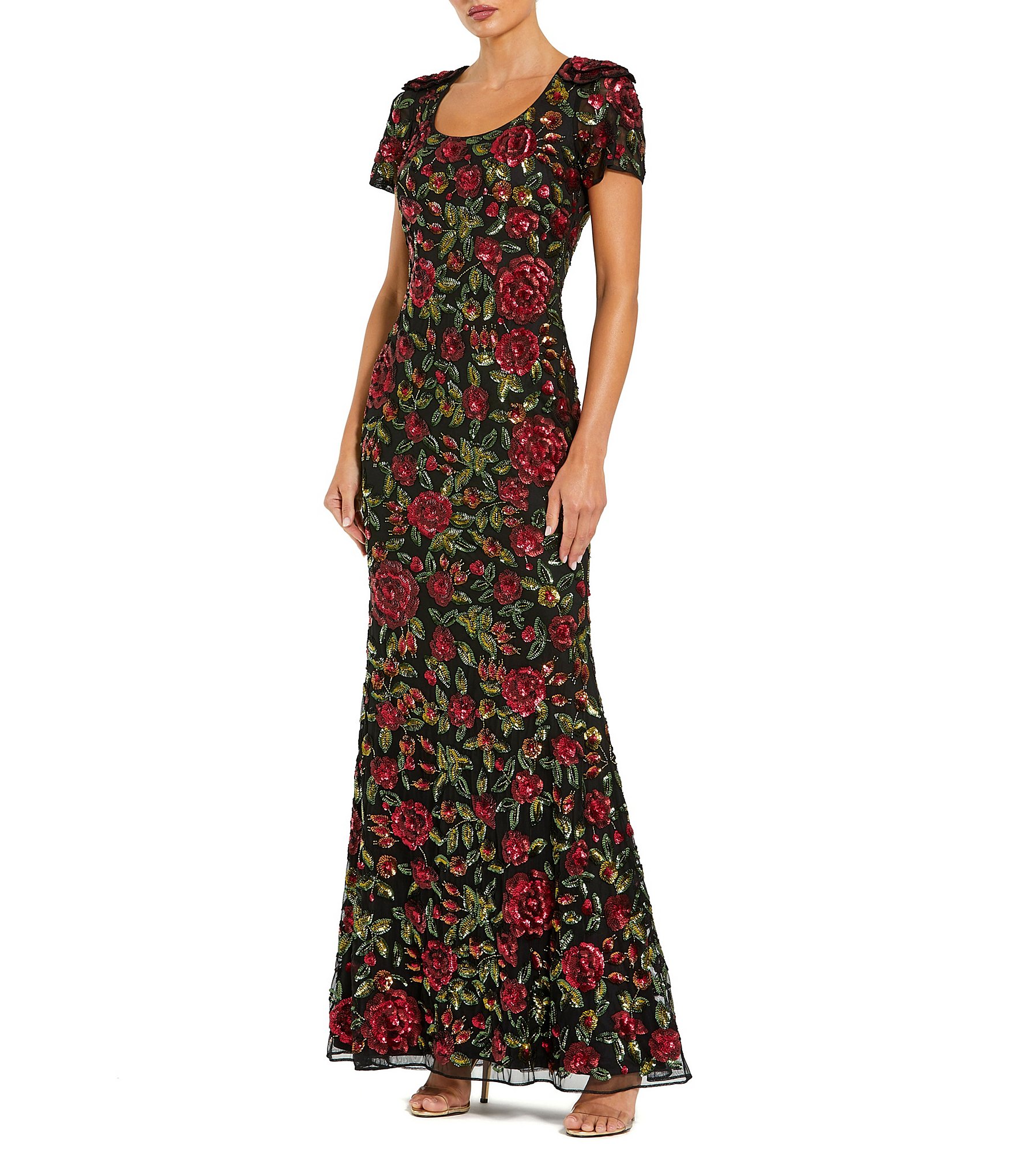 Mac Duggal Mesh Floral Embroidered Scoop Neck Short Sleeve A-Line Gown