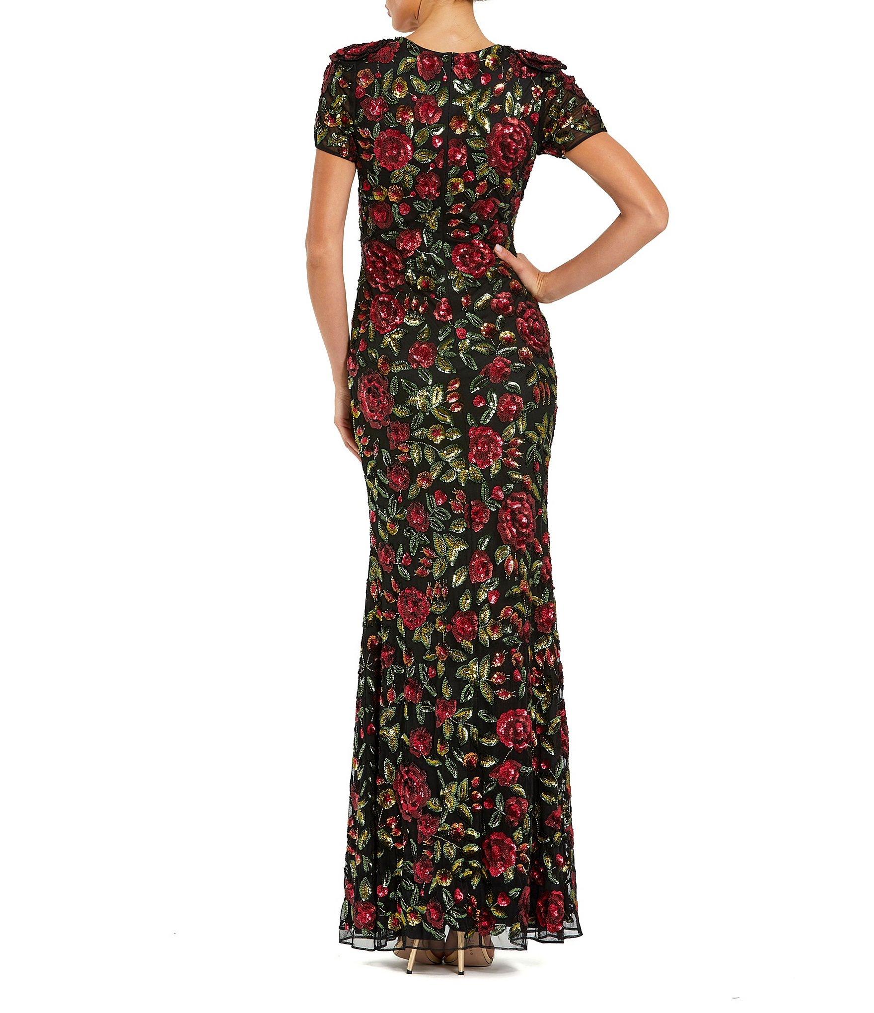 Mac Duggal Mesh Floral Embroidered Scoop Neck Short Sleeve A-Line Gown