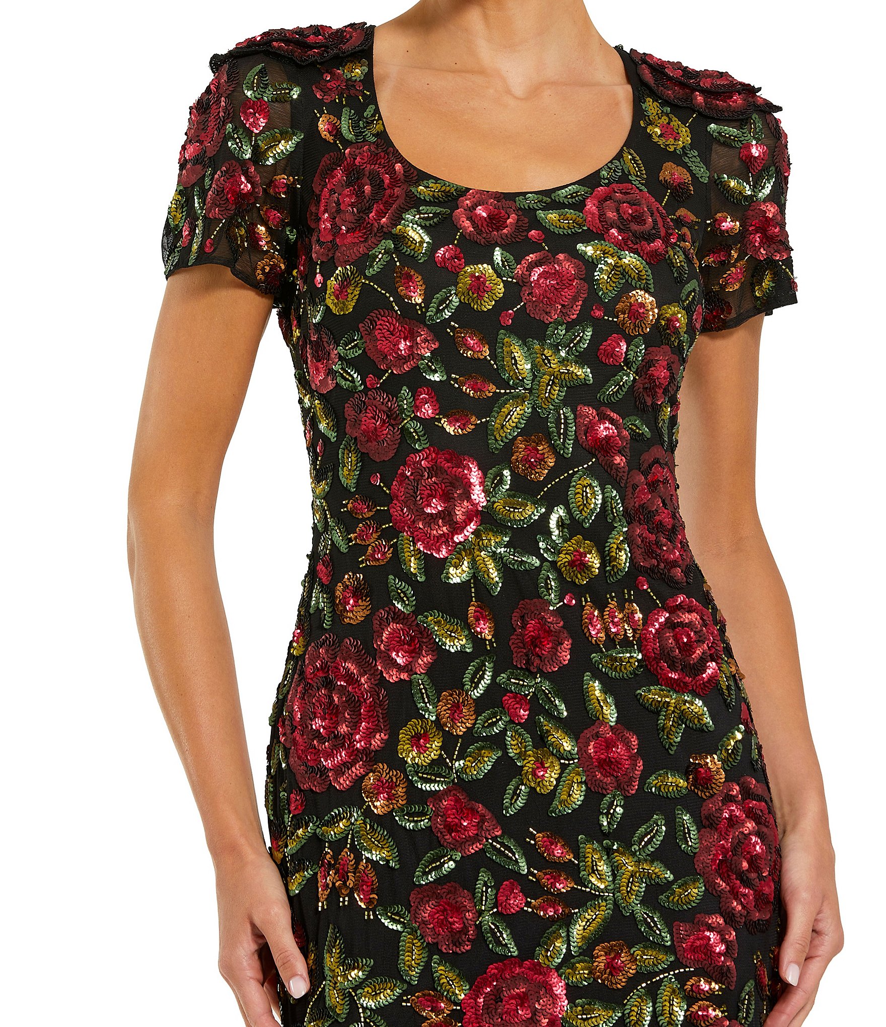 Mac Duggal Mesh Floral Embroidered Scoop Neck Short Sleeve A-Line Gown