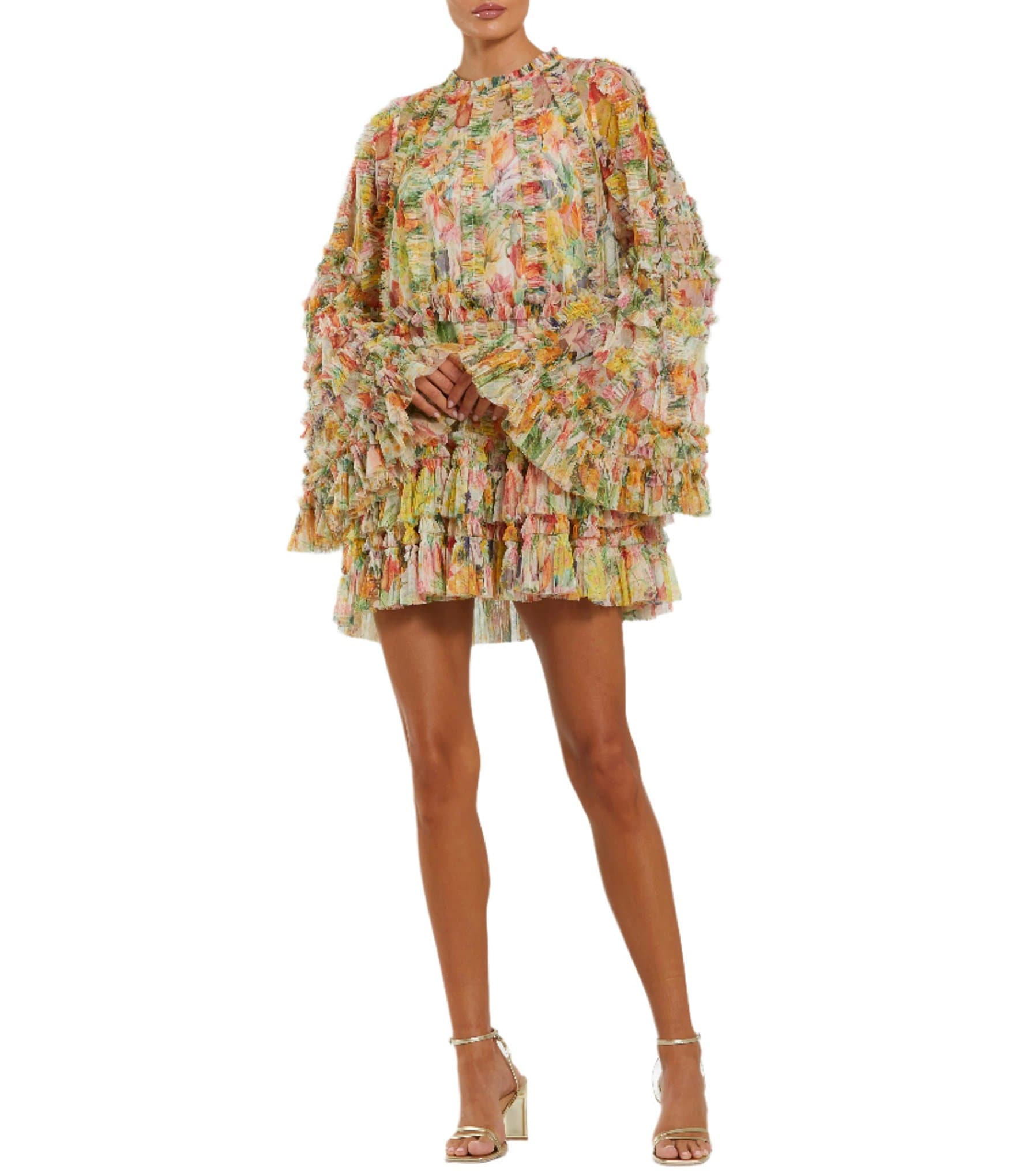Mac Duggal Mesh Floral Print Mock Neck Long Sleeve Ruffle Shift Mini Dress