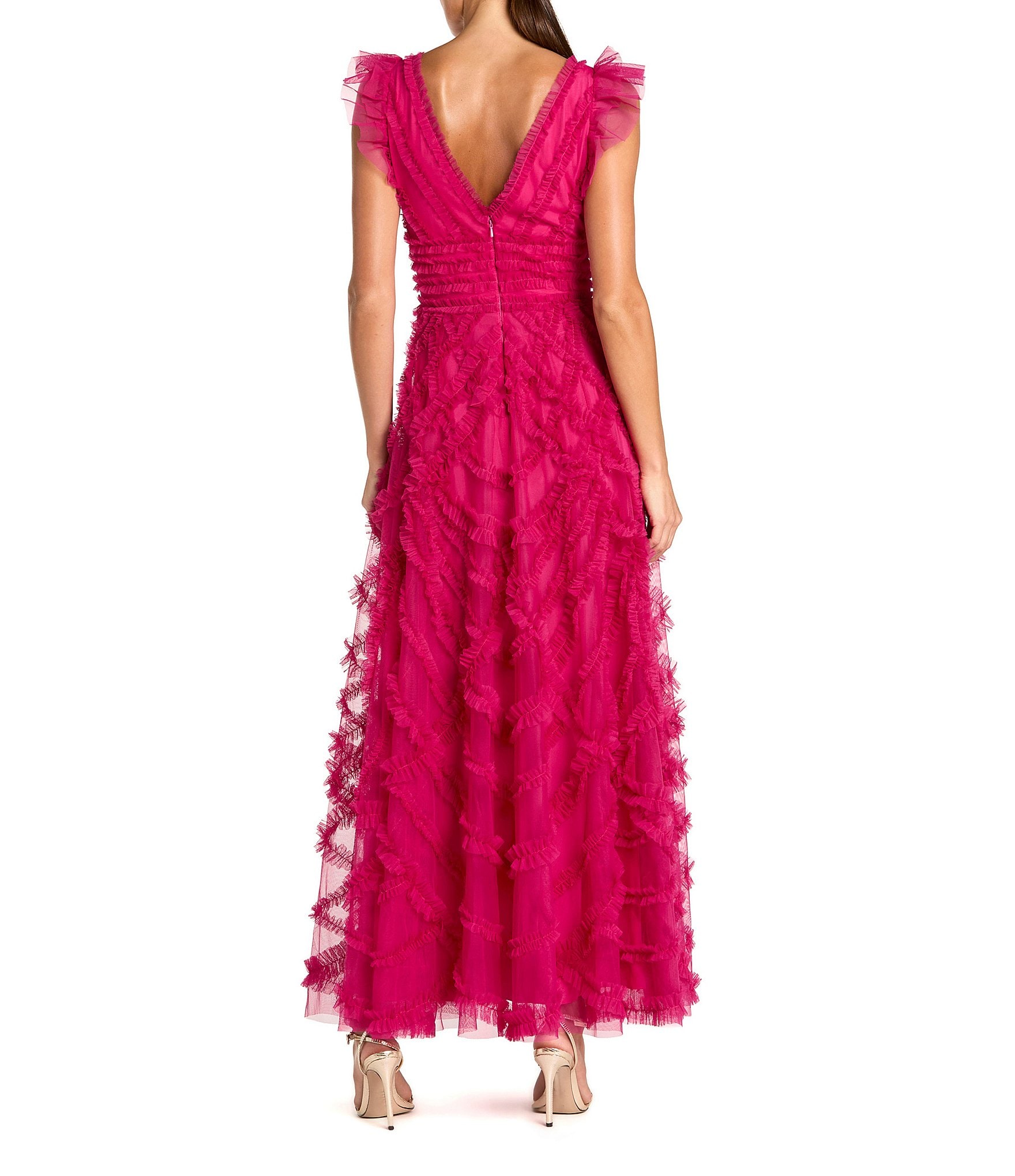 Mac Duggal Mesh Ruffle V-Neck A-Line Dress