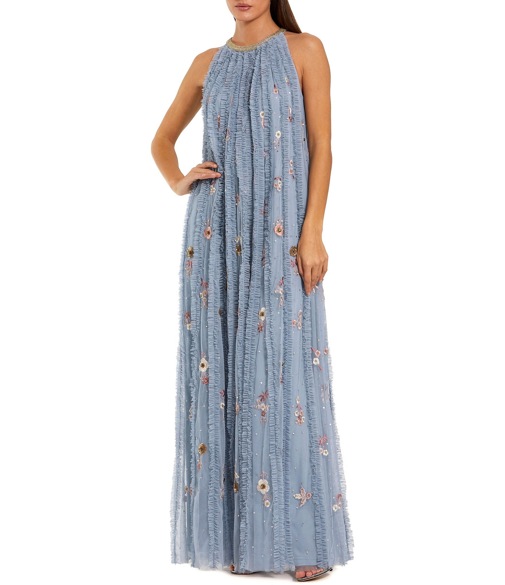 sachin and babi light blue dress Column Evening Gown With Trapeze Neckline And Long Slit Sleeves