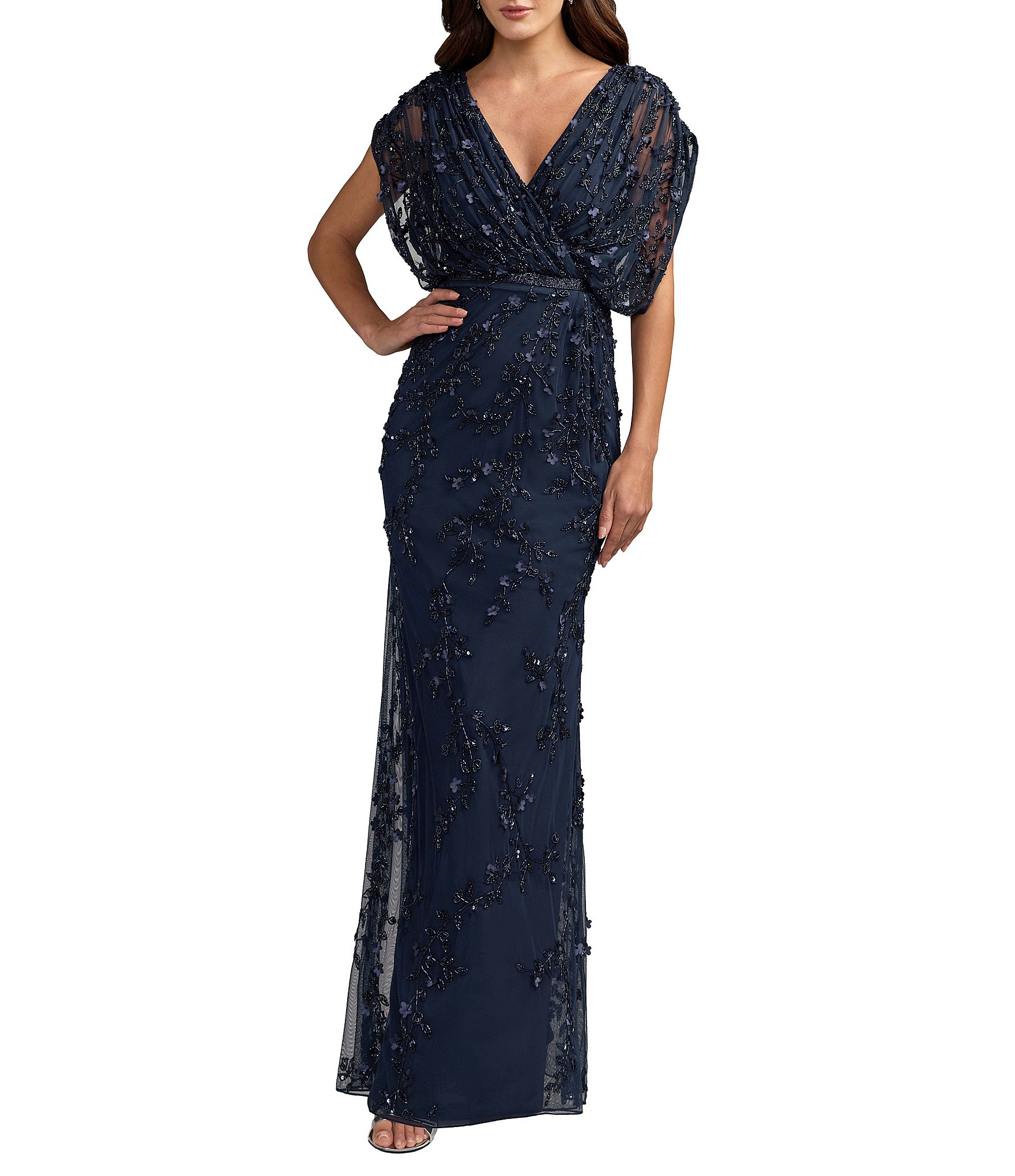 Mac Duggal Mesh V-Neck Short Sleeve Beaded Blouson Gown