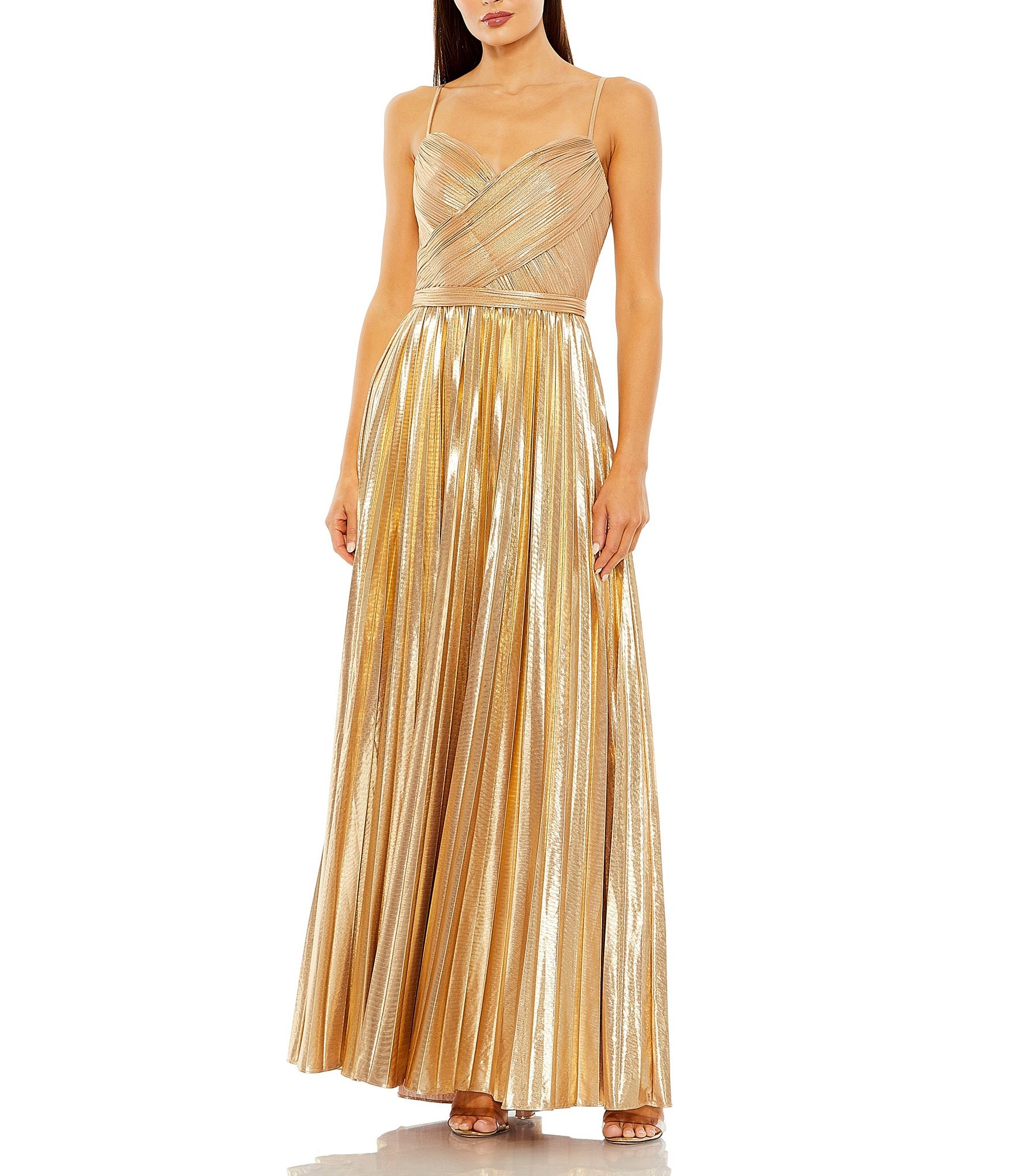 Mac Duggal Metallic Pleated V Neck Sleeveless Sweetheart Neck Gown