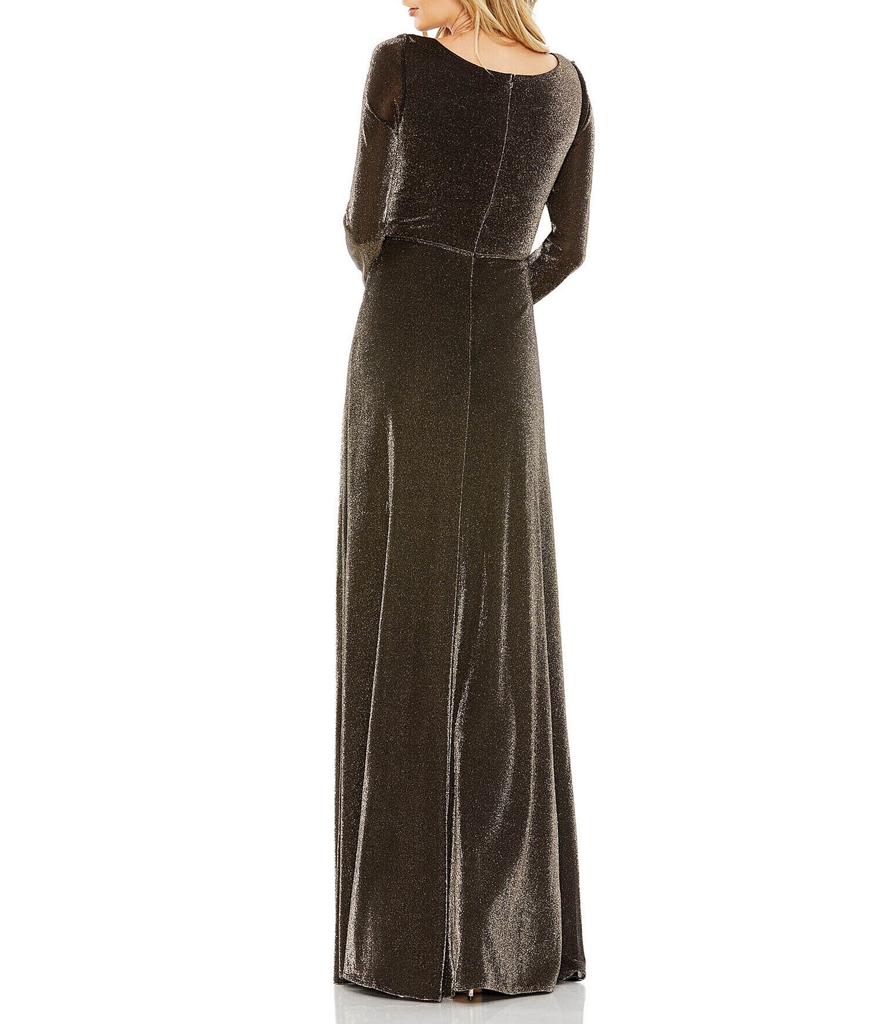 Mac Duggal Metallic Suede Surplice V-Neck Long Sleeve Thigh High Slit Faux Wrap Gown