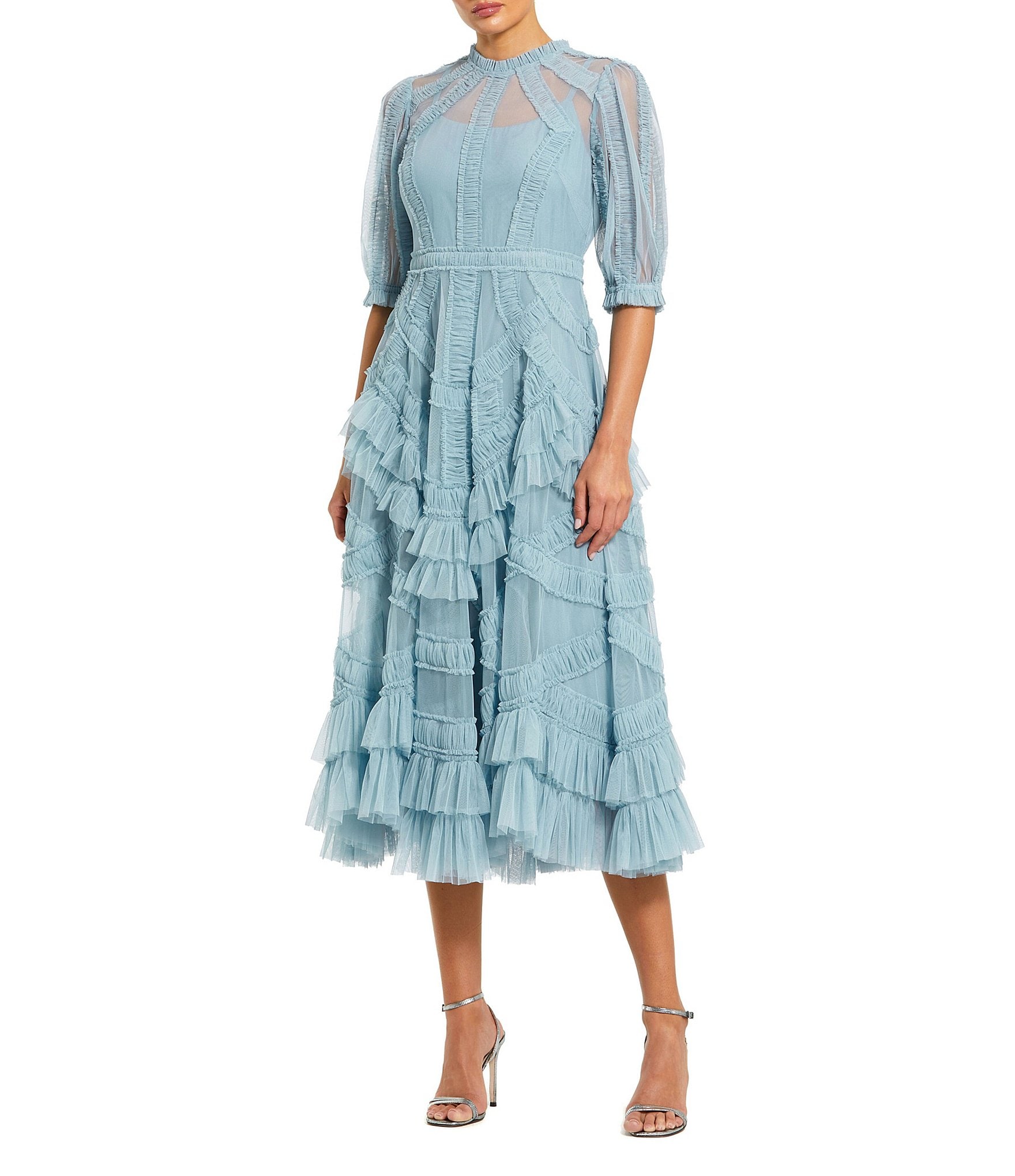 Mac Duggal Mock Neck Short Sleeve Tiered Ruffled Pleated Embellished A ...