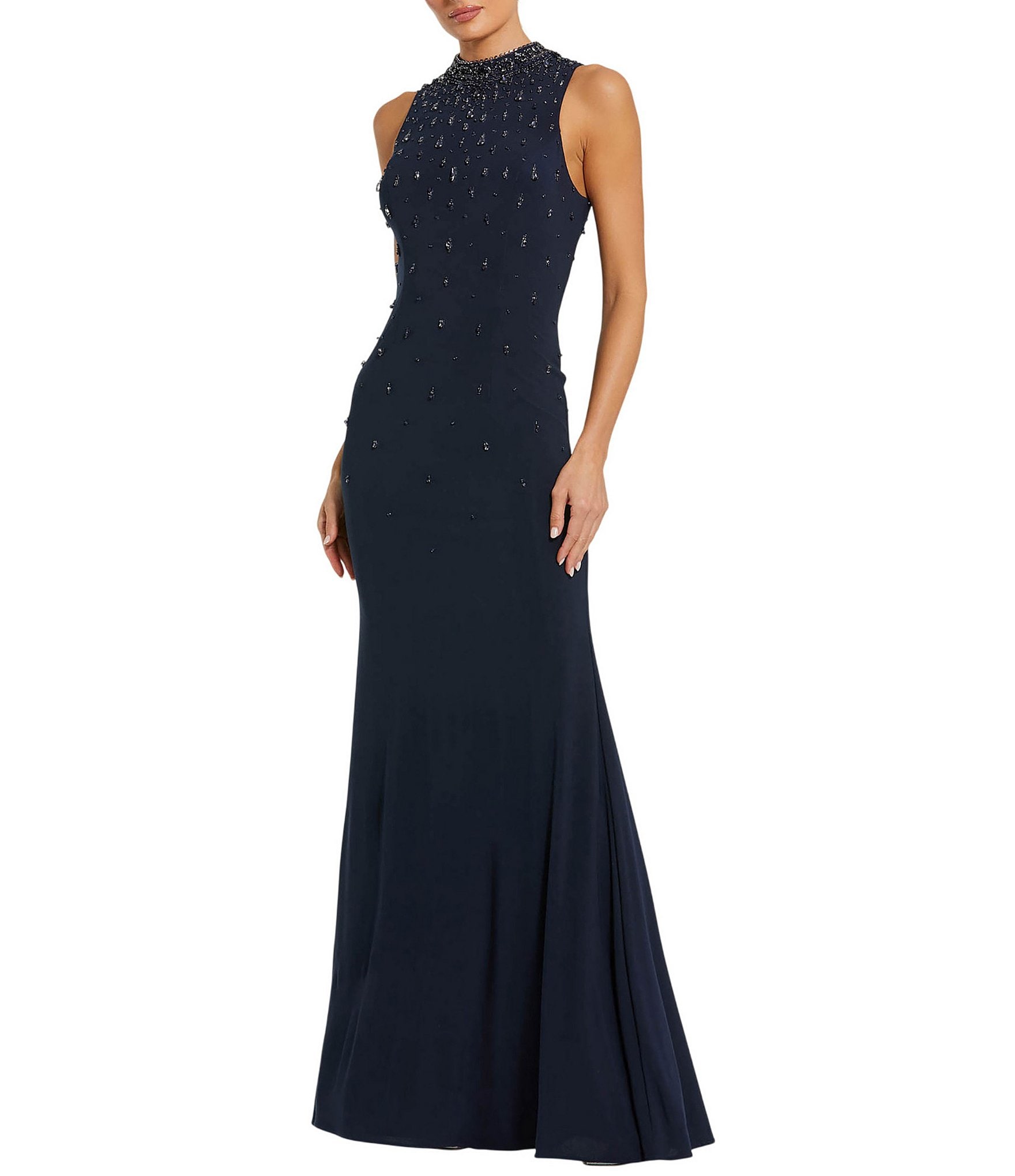 Mac Duggal Mock Neck Beaded Trim Stretch Jersey Column Gown