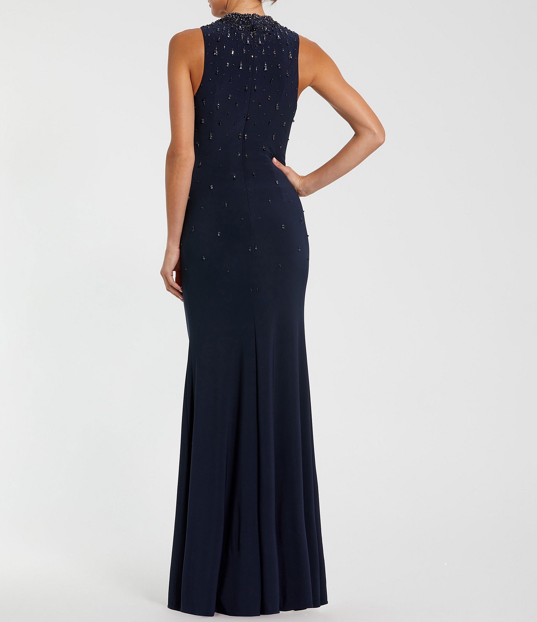 Mac Duggal Mock Neck Beaded Trim Stretch Jersey Column Gown