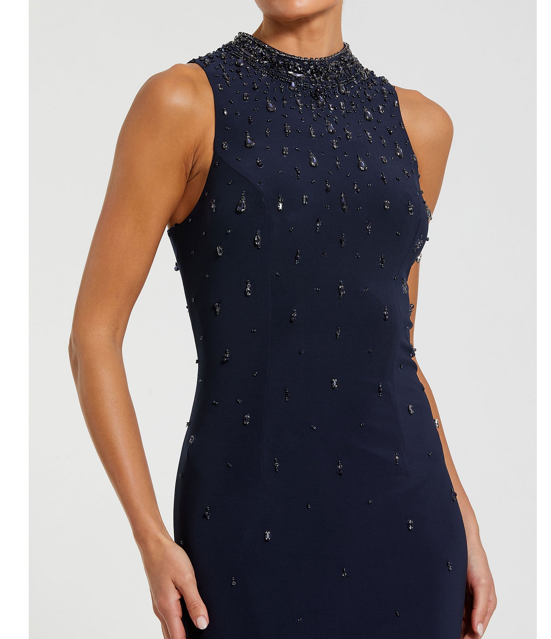 Mac Duggal Mock Neck Beaded Trim Stretch Jersey Column Gown