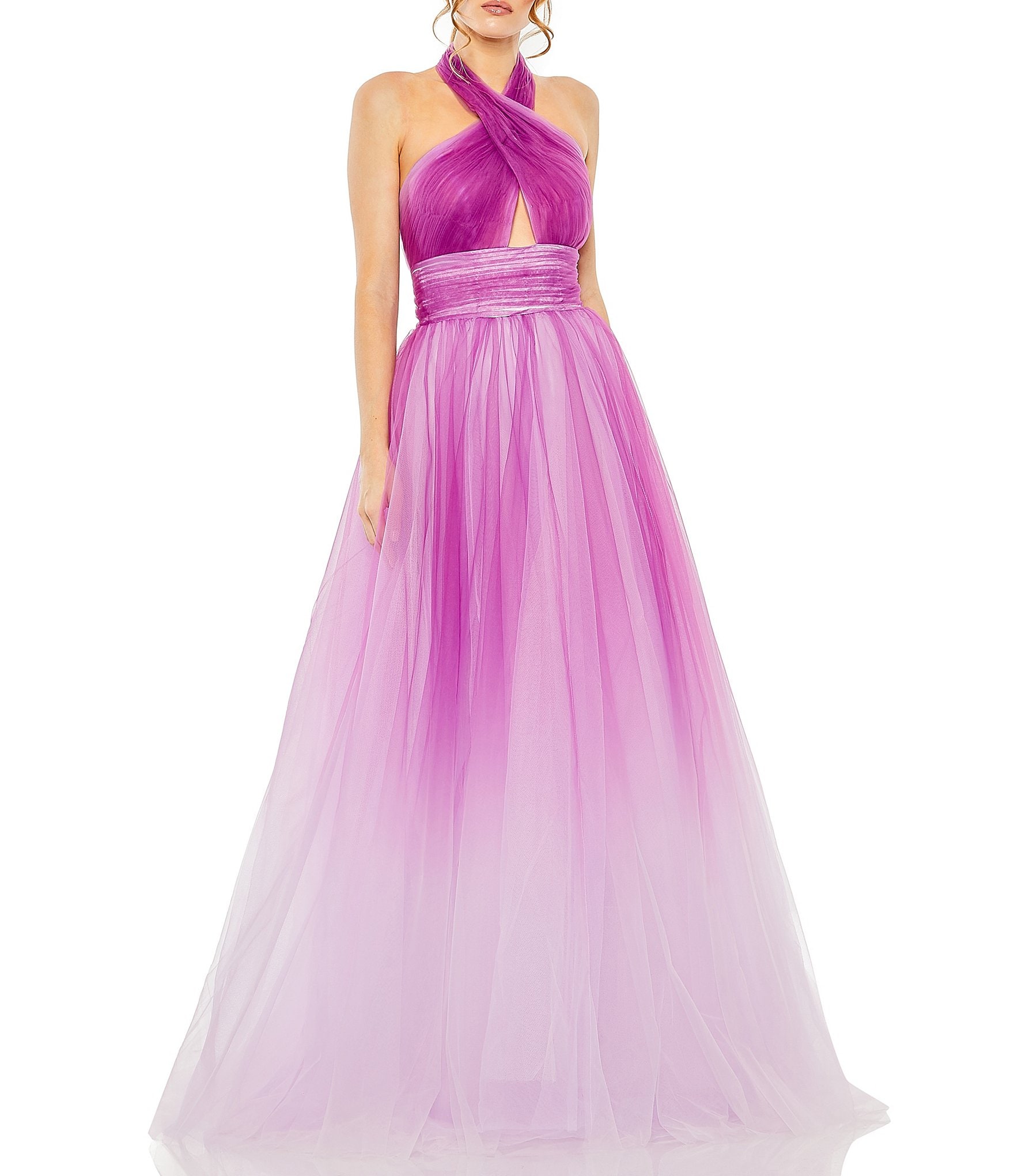 Mac Duggal Ombre Criss Cross Halter Neck Ball Gown | Dillard's