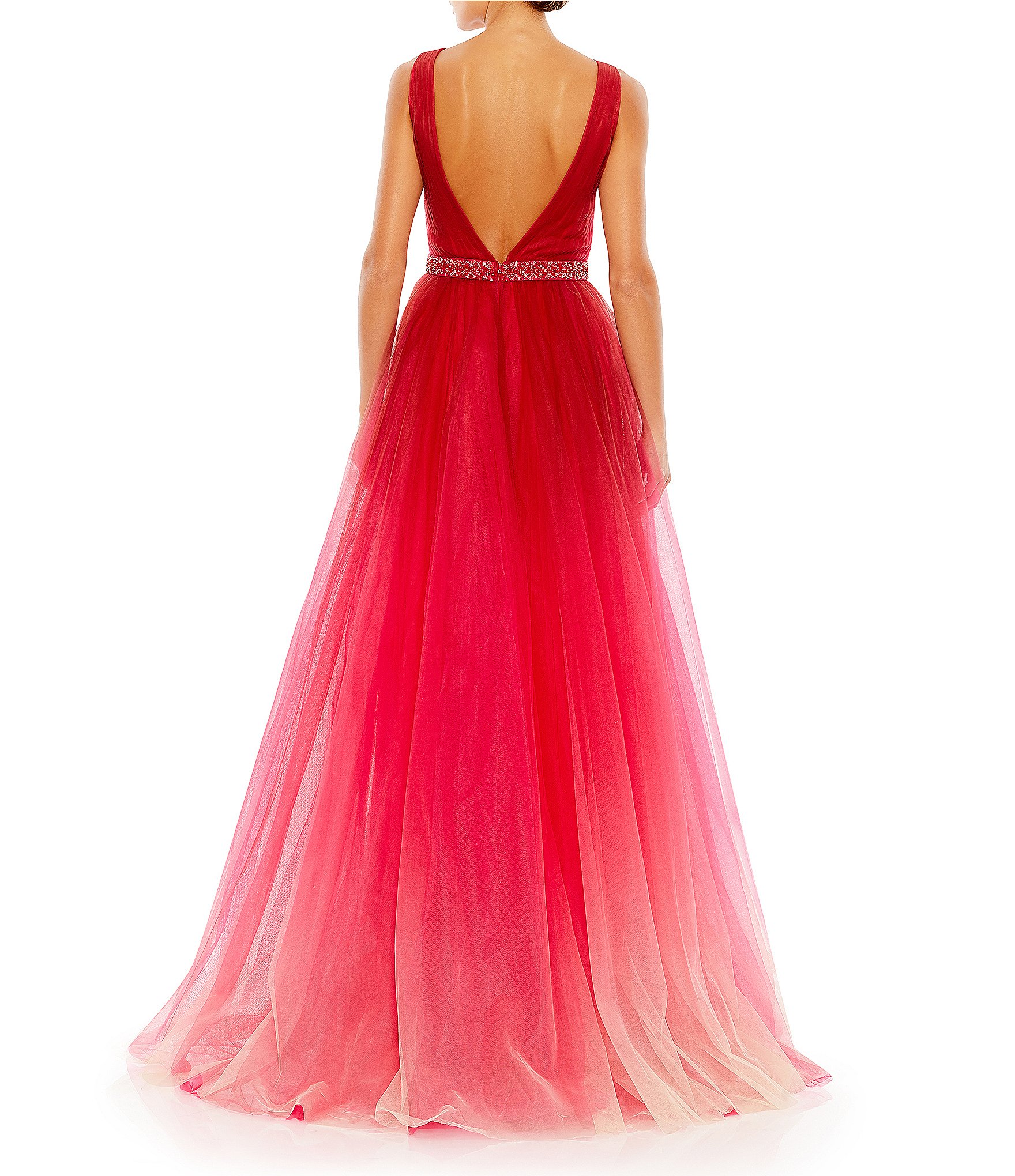 Mac Duggal Ombre Tulle Surplice V-Neck Sleeveless Embellished Belt Gown