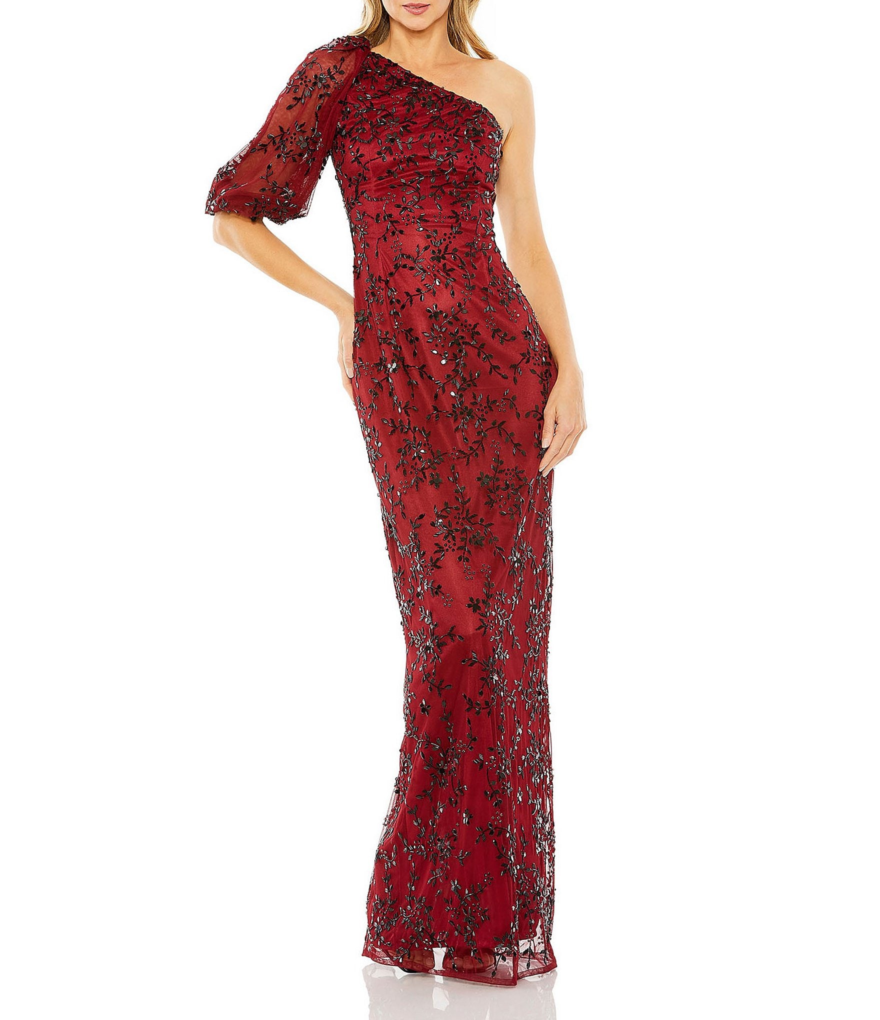 One shoulder outlet column gown