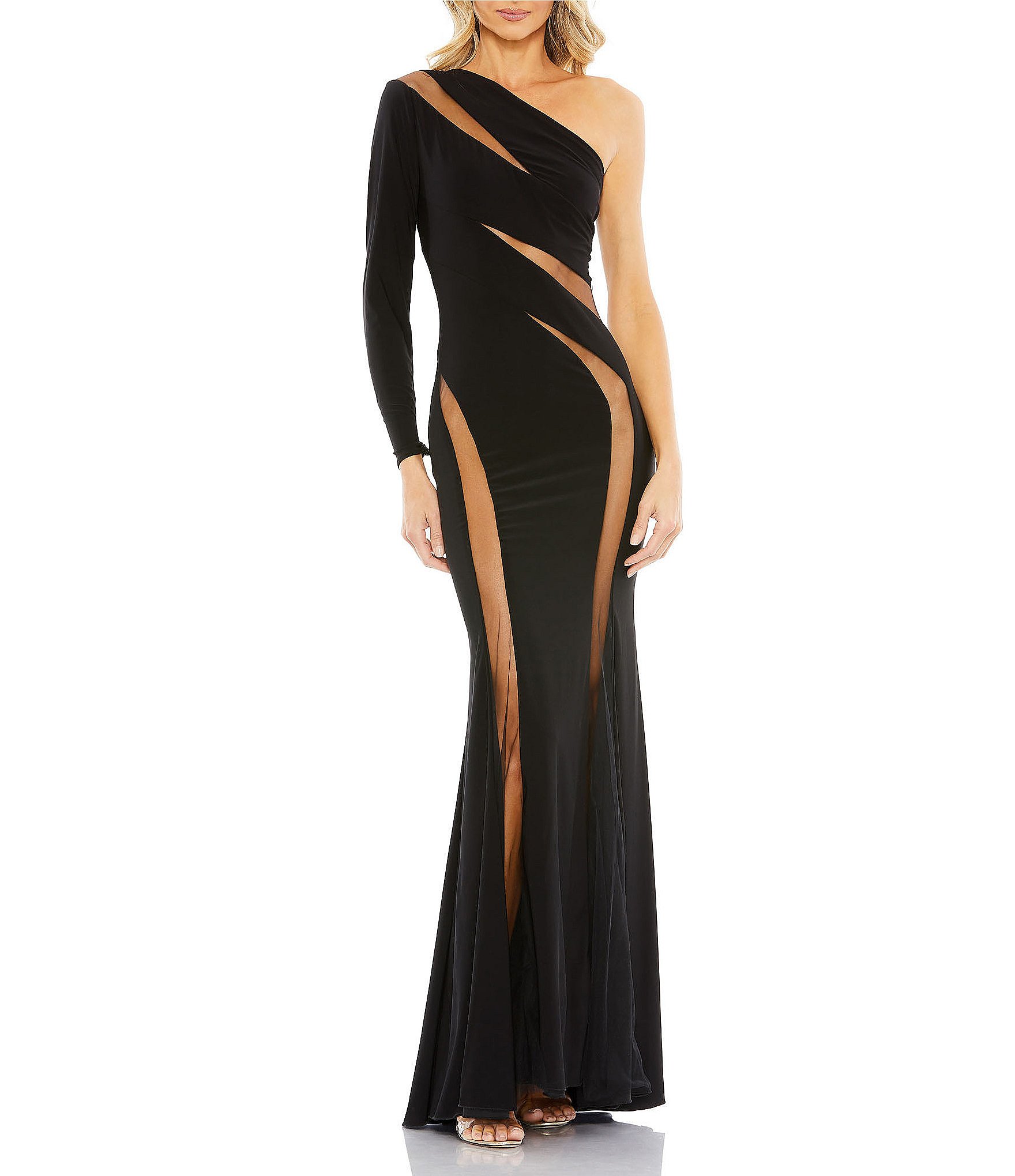 Mac Duggal Embellished Tulle One Shoulder Sleeveless Thigh High Slit High-Low  Gown