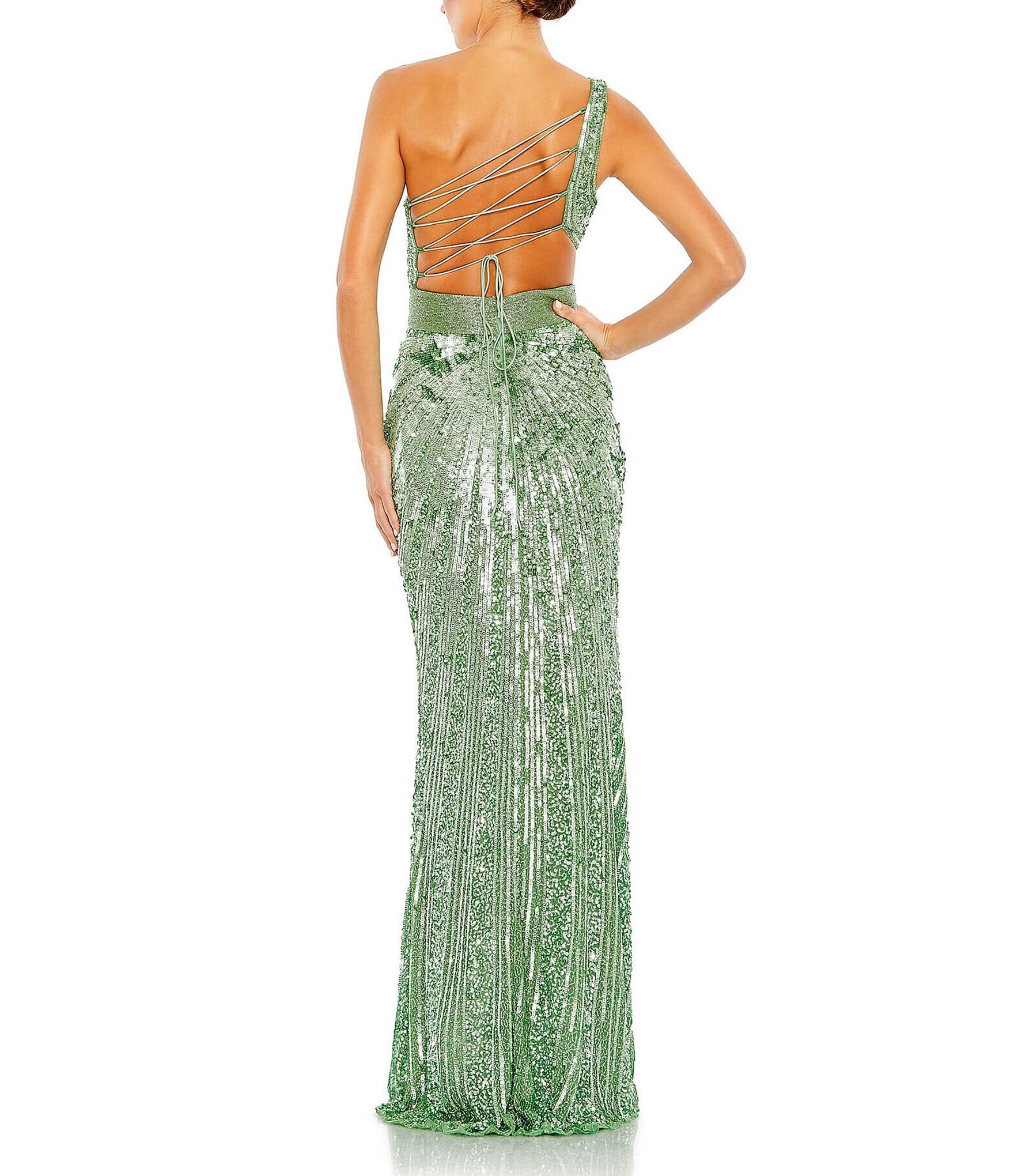 Mac Duggal One Shoulder Lace Up Back Sequin Gown