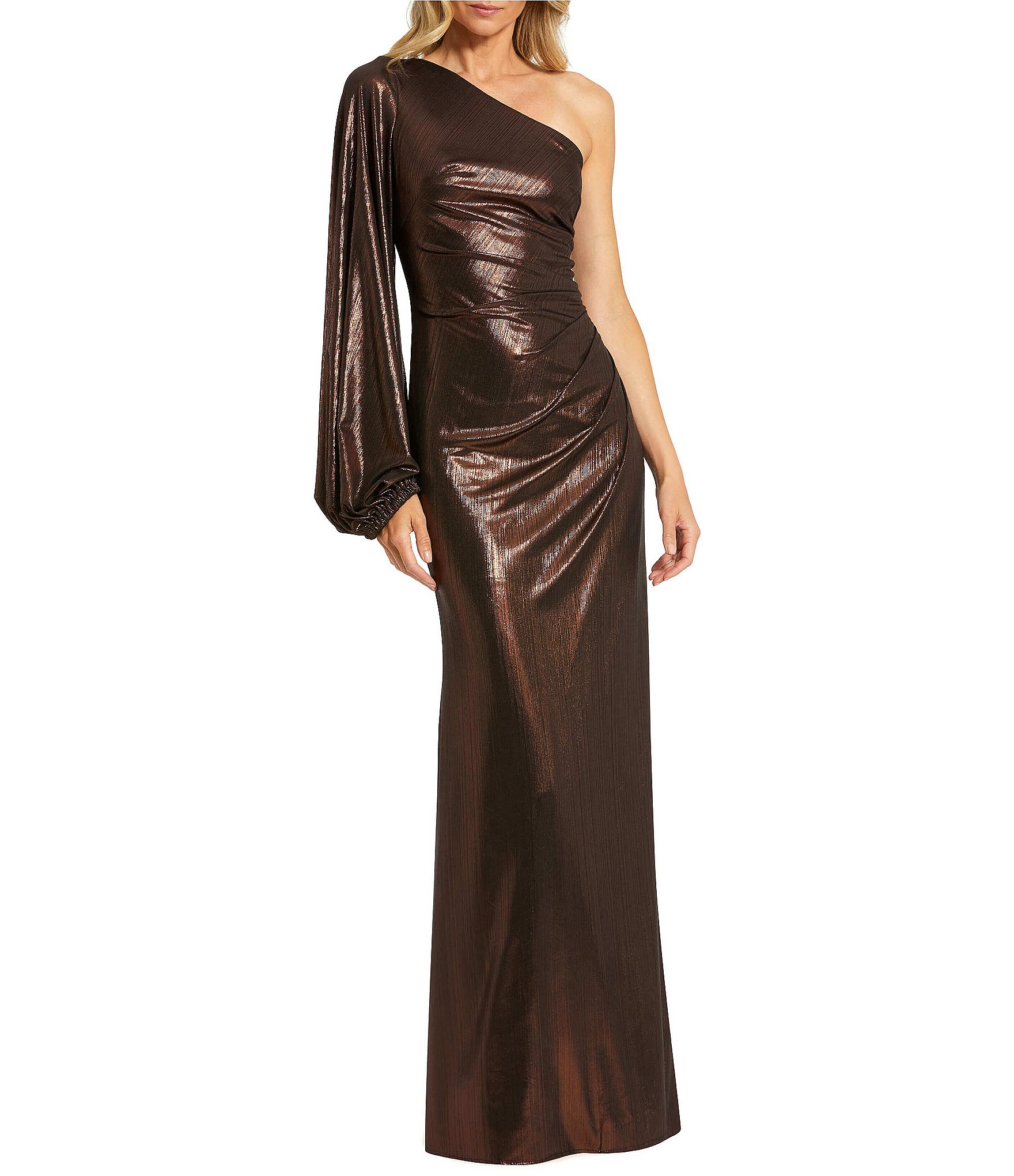 Mac Duggal One Shoulder Long Sleeve Gathered Metallic Knit Gown