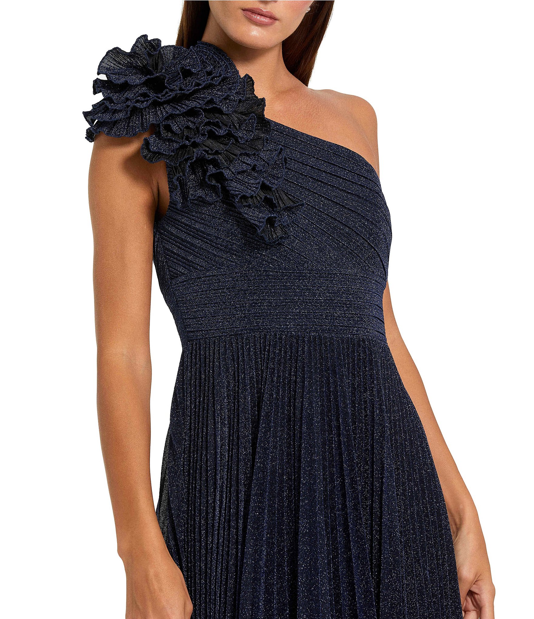 Mac Duggal One Shoulder Pleated Metallic Gown With Ruffle