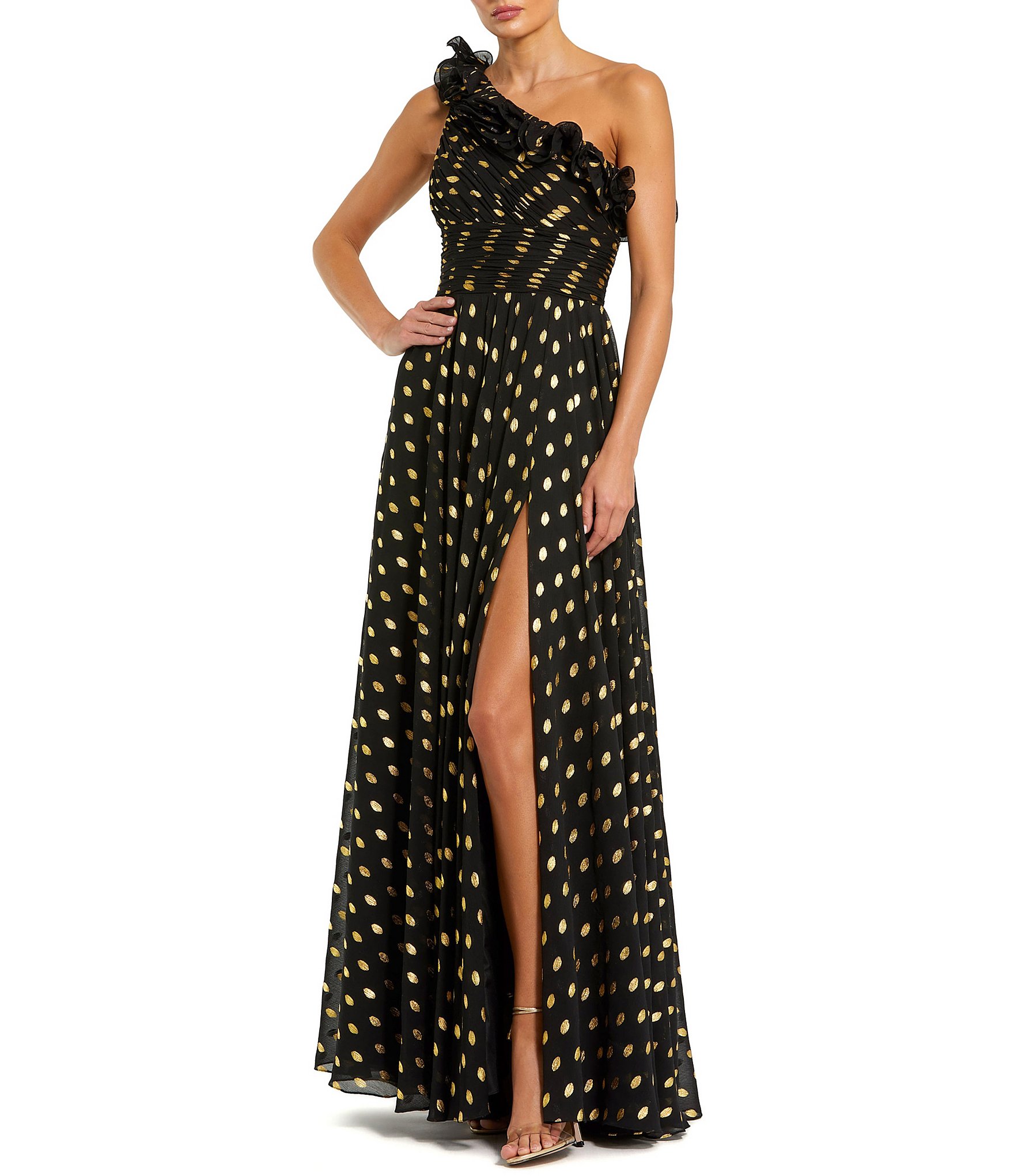 Mac Duggal One Shoulder Ruffle Pleated Bodice Foil Dotted