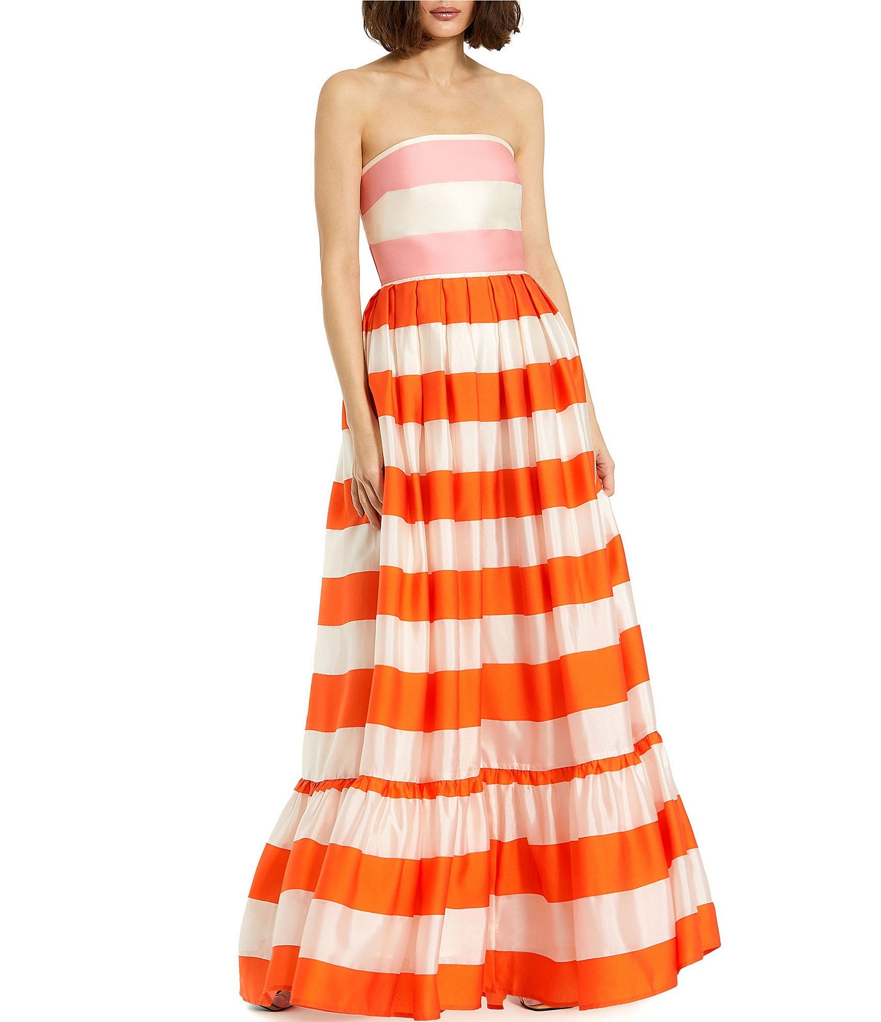 Mac Duggal Organza Stripe Print Strapless Ruffle Flounce Maxi A-Line ...