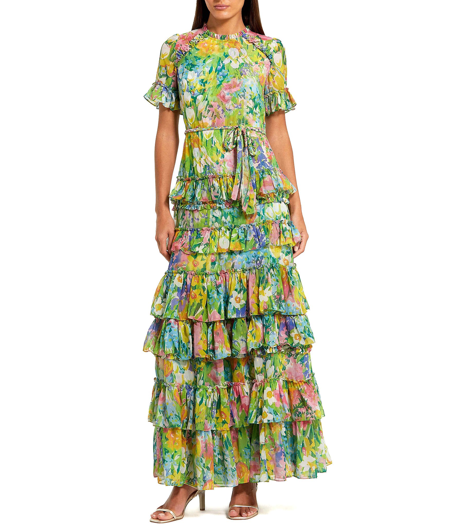 Mac Duggal Petite Floral Printed Chiffon Tiered Ruffle Gown