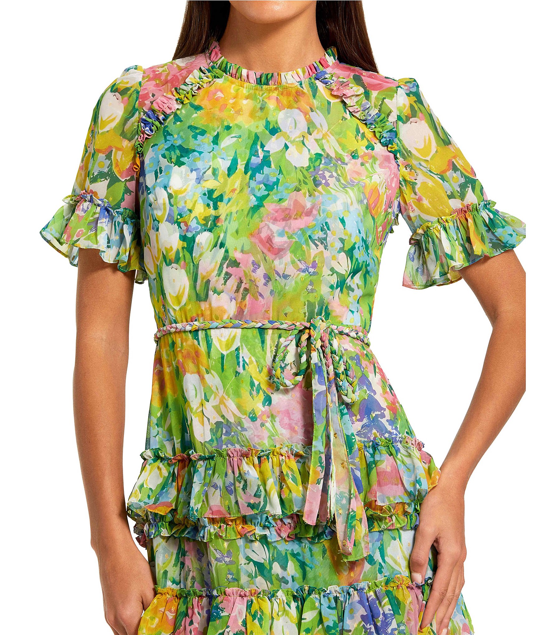 Mac Duggal Petite Floral Printed Chiffon Tiered Ruffle Gown