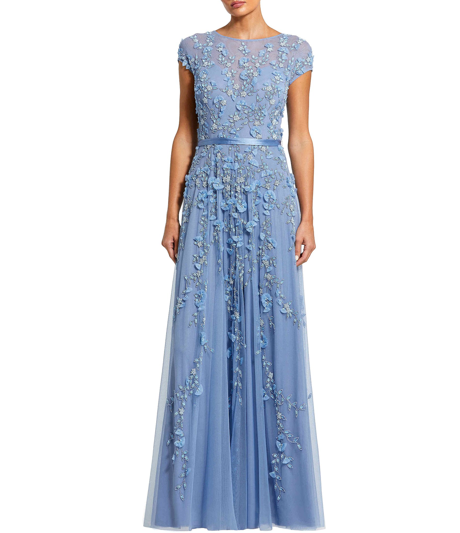 Mac Duggal Petite Size Illusion Round Neck Cap Sleeve Floral Embellished Mesh Aline Gown