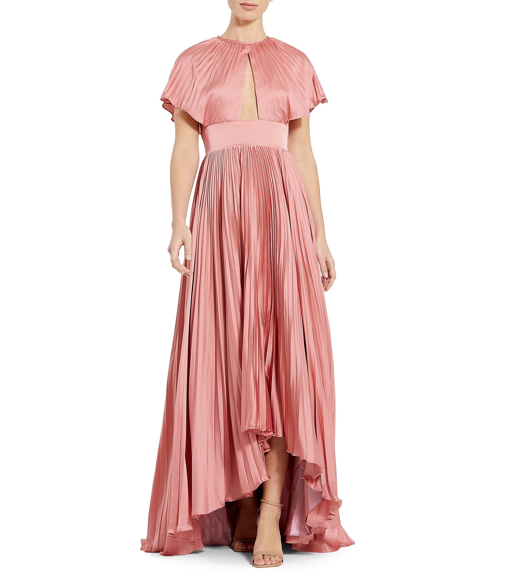Mac Duggal Pleated Charmeuse Crew Neck Front Cut-Out Short Sleeve High ...
