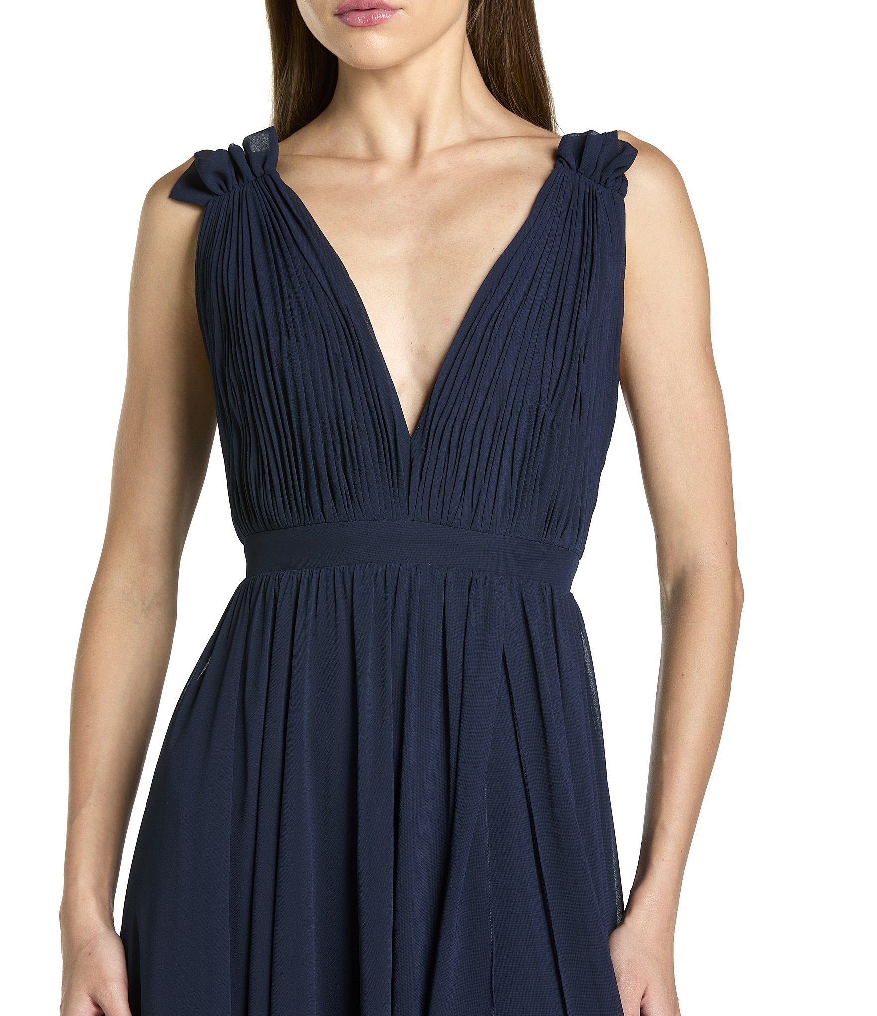 Mac Duggal Pleated Chiffon V-Neck Ruffle Sleeveless A-Line Gown