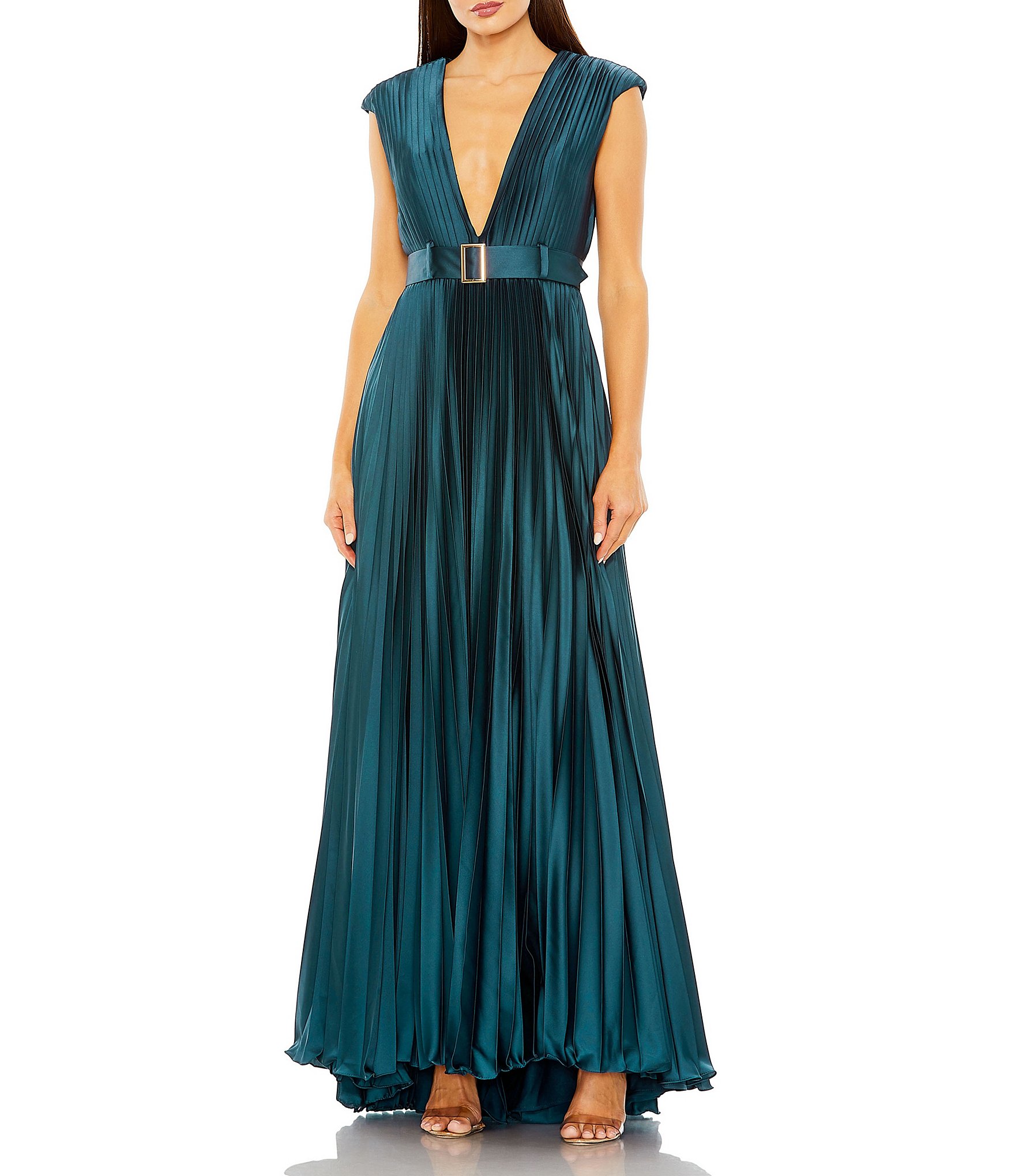 Mac Duggal Pleated Deep V-Neck Cap Sleeve Belted Gown | Dillard's
