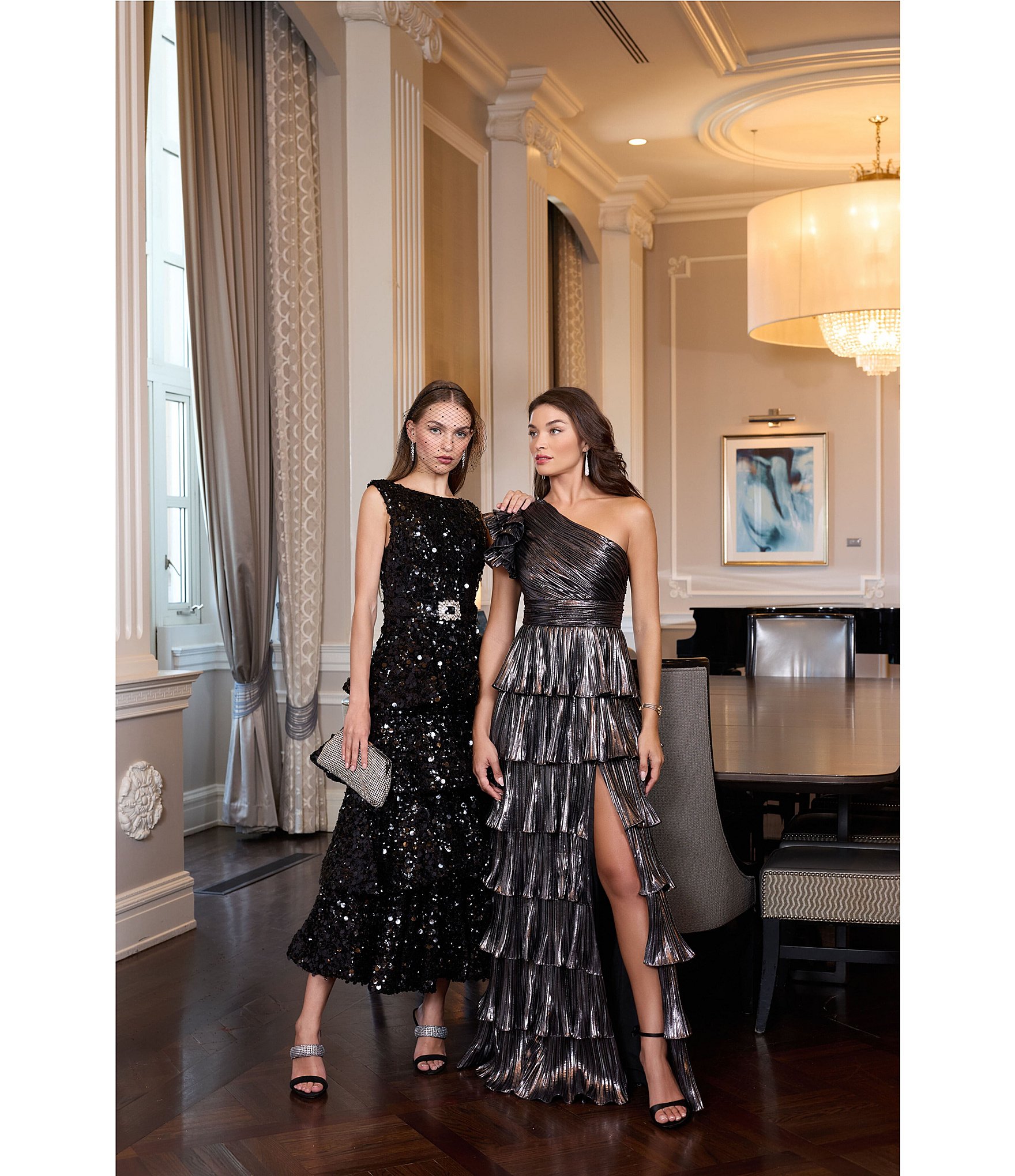 Mac Duggal Pleated Metallic Tiered Ruffle One Shoulder Gown