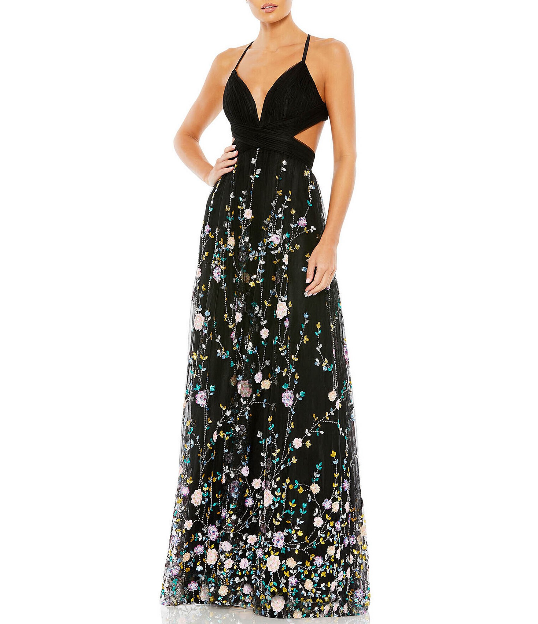 Mac Duggal Plunging V Neck Sleeveless Floral Beaded Cut Out Gown