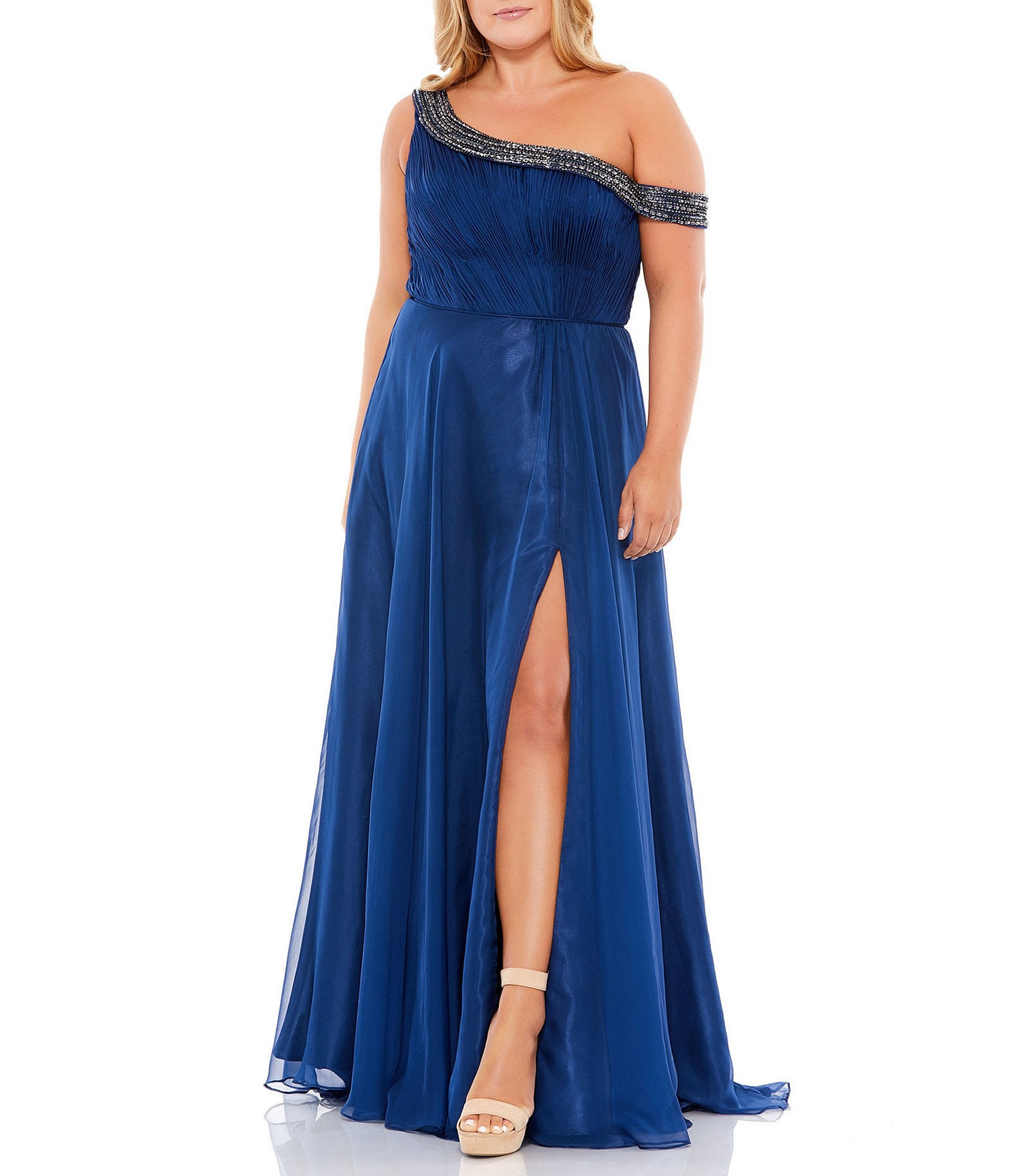 Mac Duggal Plus Size Beaded Drop Shoulder A-Line Gown | Dillard's